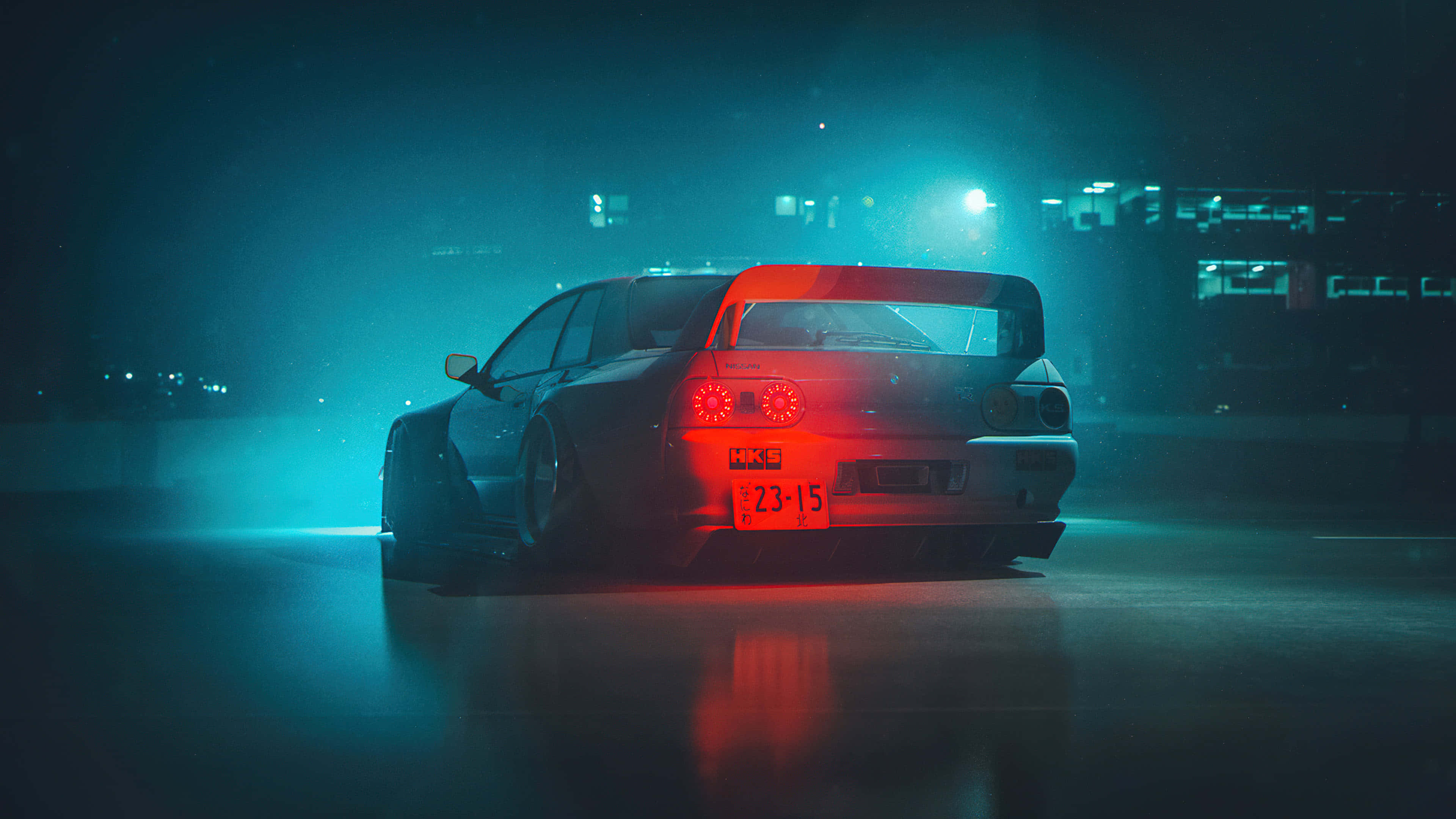 black Nissan Skyline, glowing red taillights, hazy blue neon cityscape, 4K Desktop Wallpaper