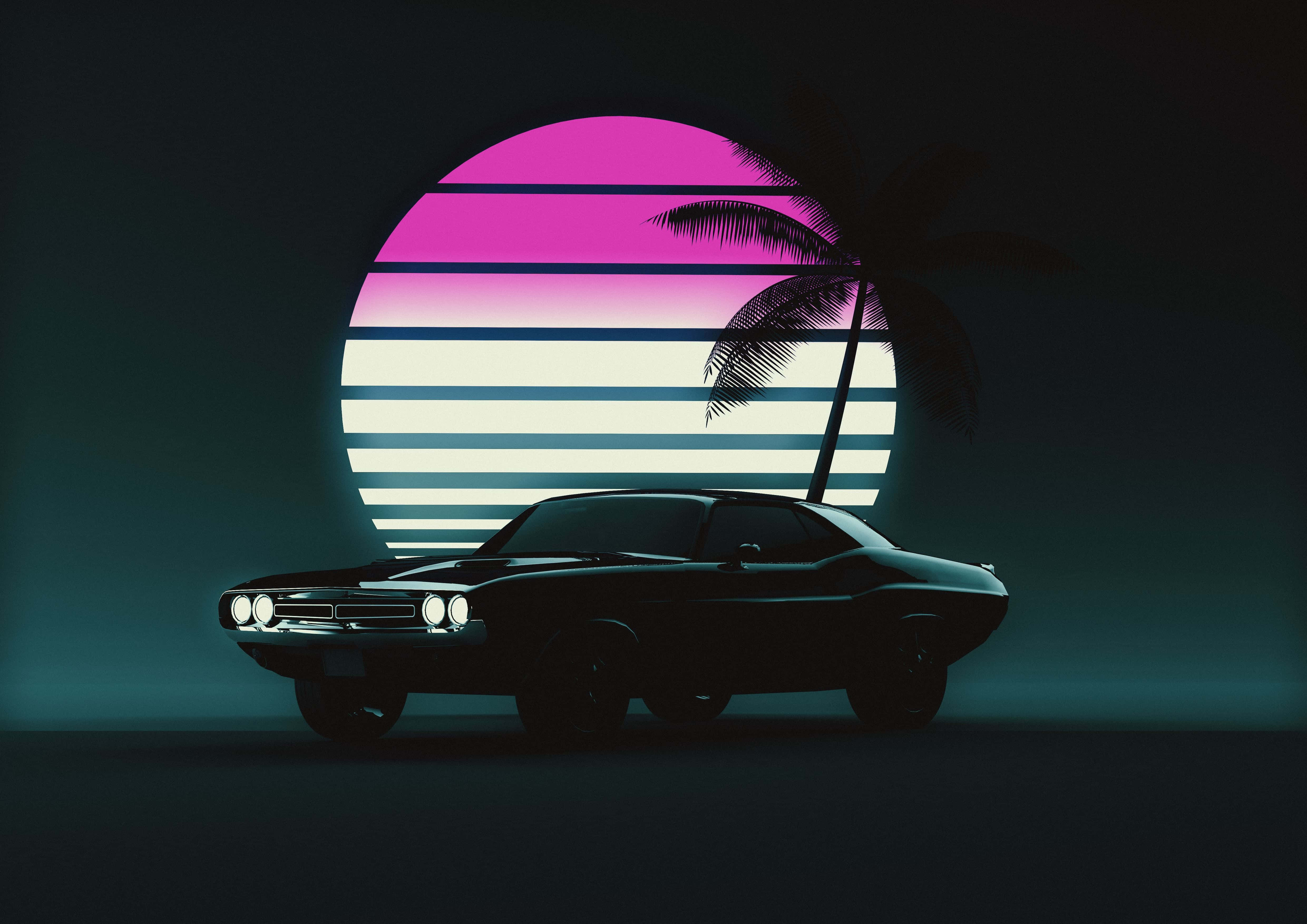retro synthwave, black classic muscle car, vibrant pink and white striped sunset, 4K Desktop Wallpaper