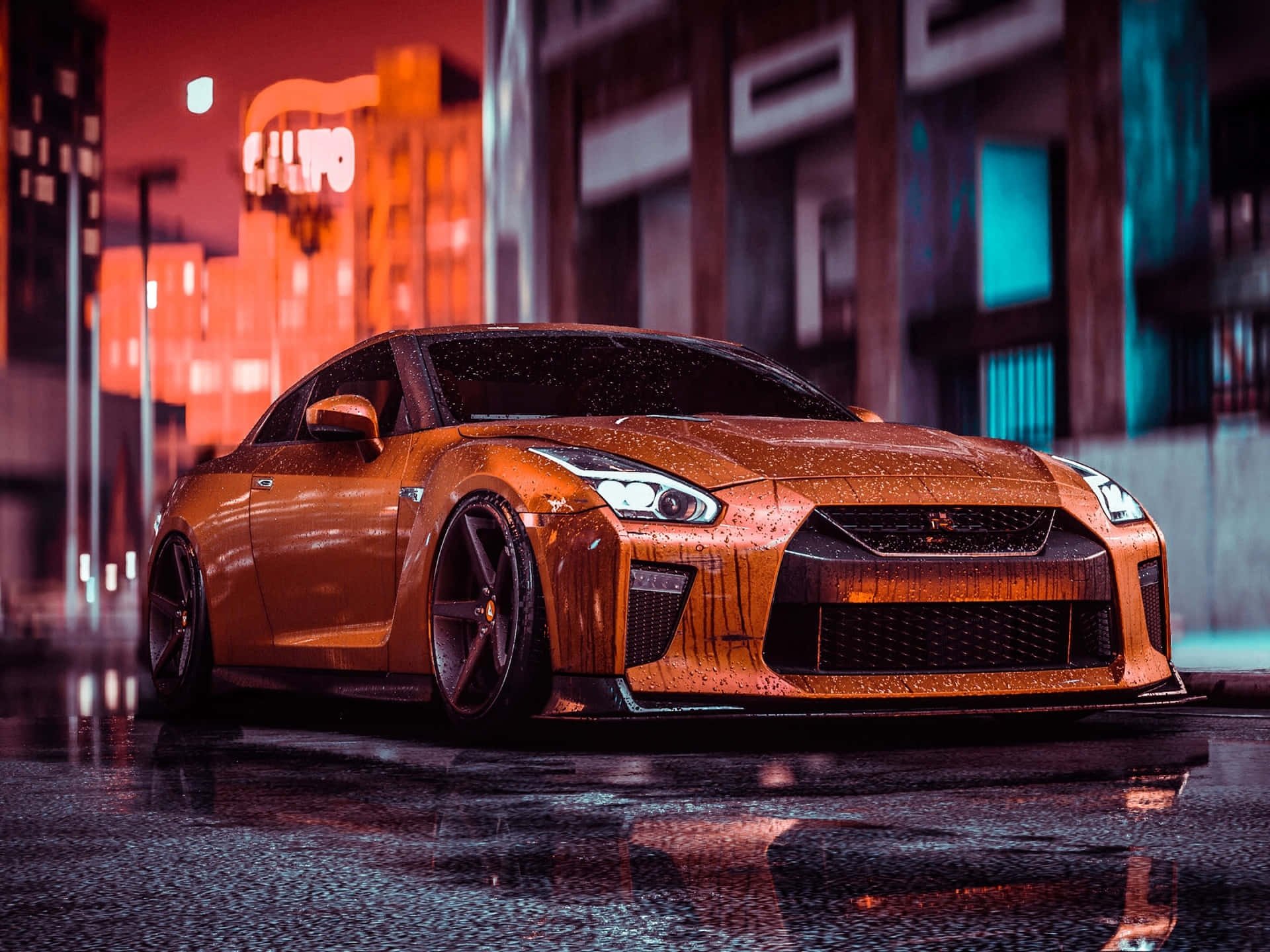 orange sports car, neon lights, rain-slicked city street, Full HD Desktop Wallpaper
