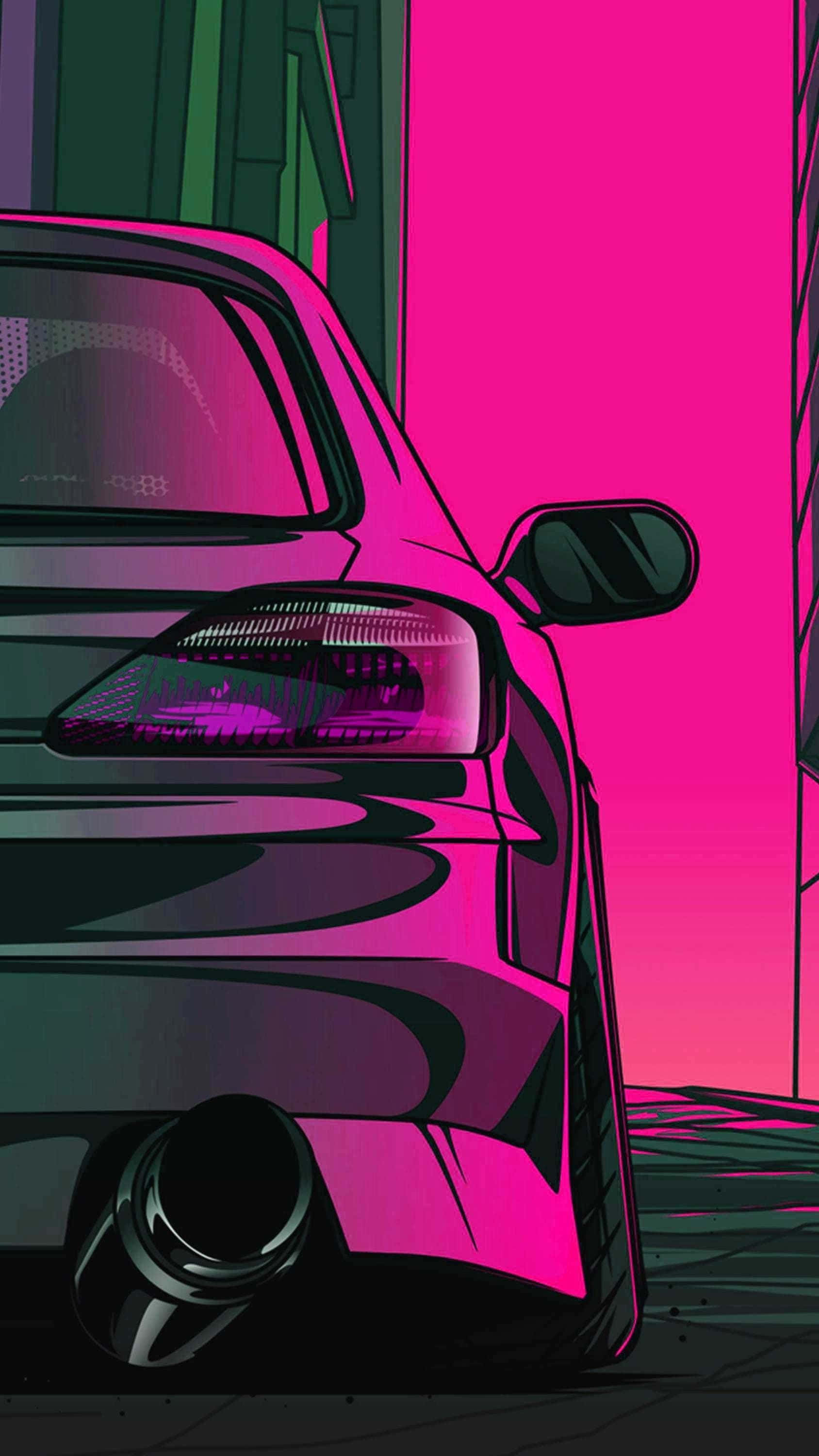 neon-drenched urban alleyway, glowing pink taillights, sleek car, 2K Phone Wallpaper