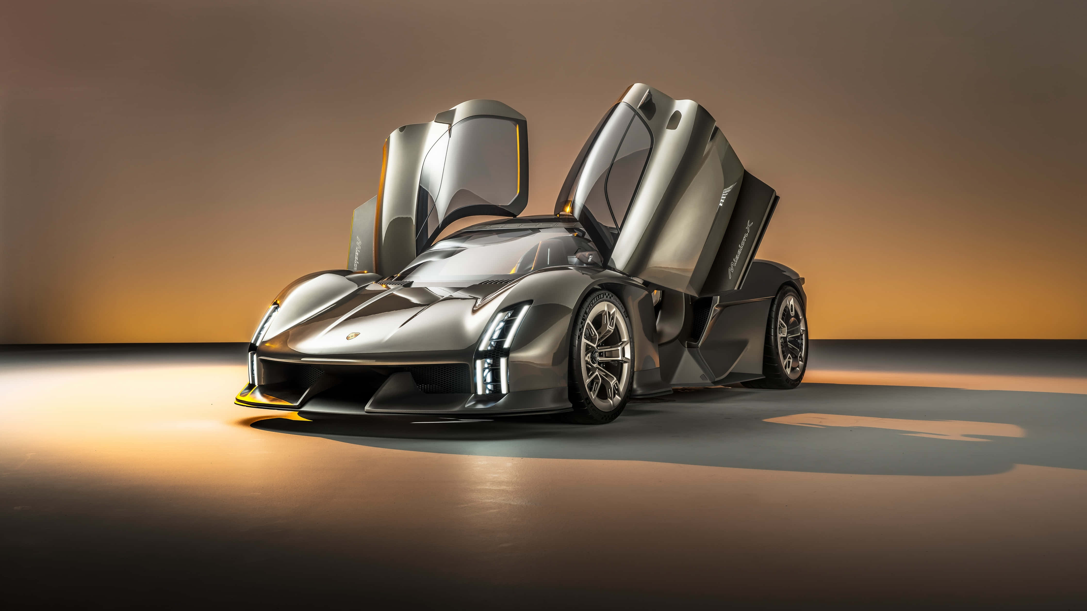 futuristic supercar, gullwing doors, silver, 4K Desktop Wallpaper
