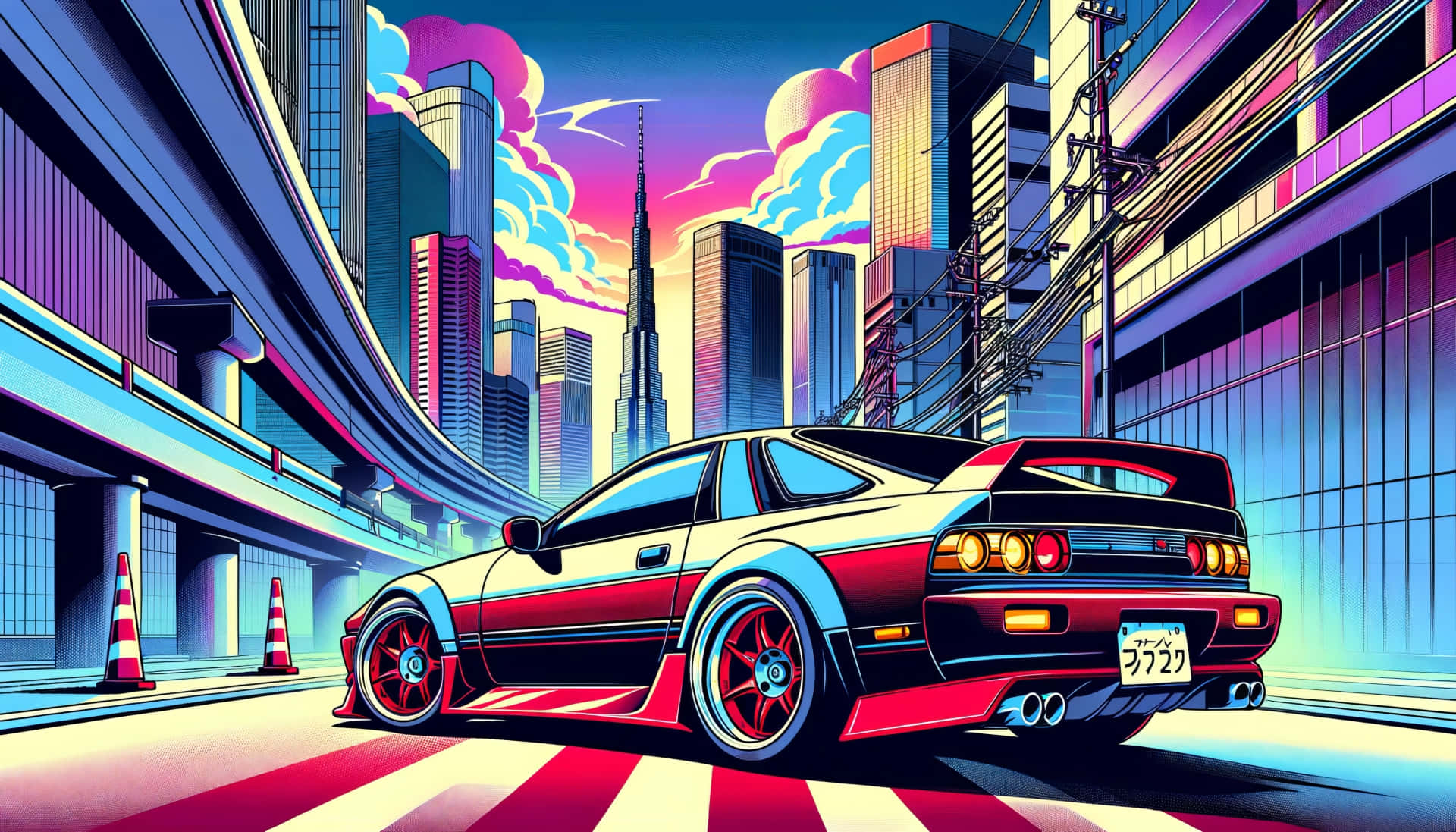 red and black sports car, neon-drenched city street, vibrant pink and blue sky, Full HD Desktop Wallpaper