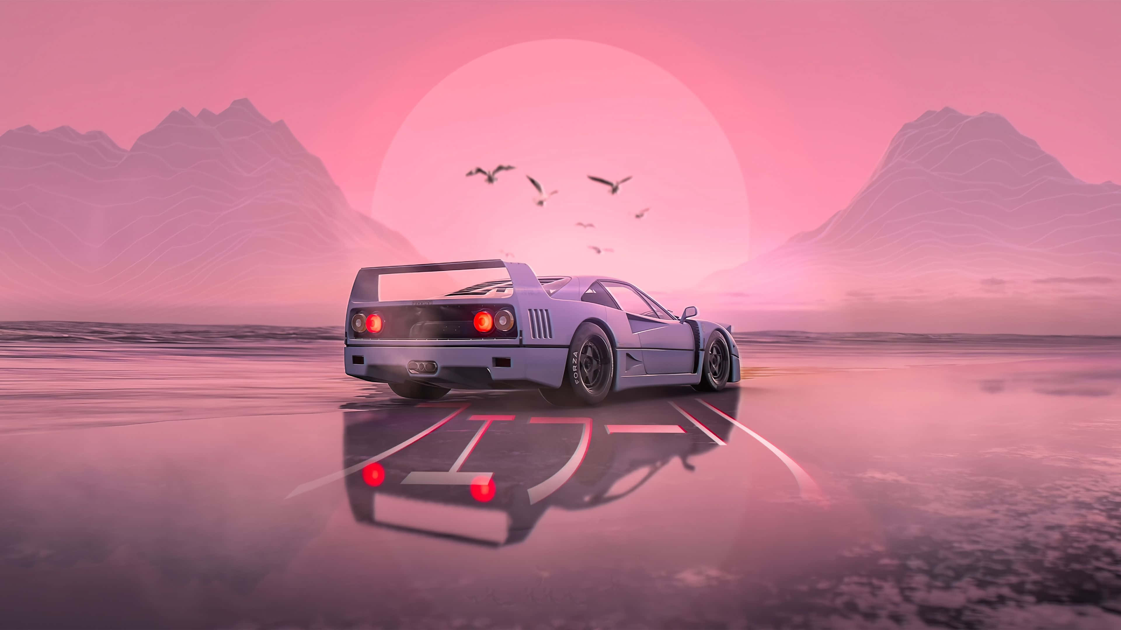 Sunset Dreams, silver sports car, glowing red taillights, 4K Desktop Wallpaper
