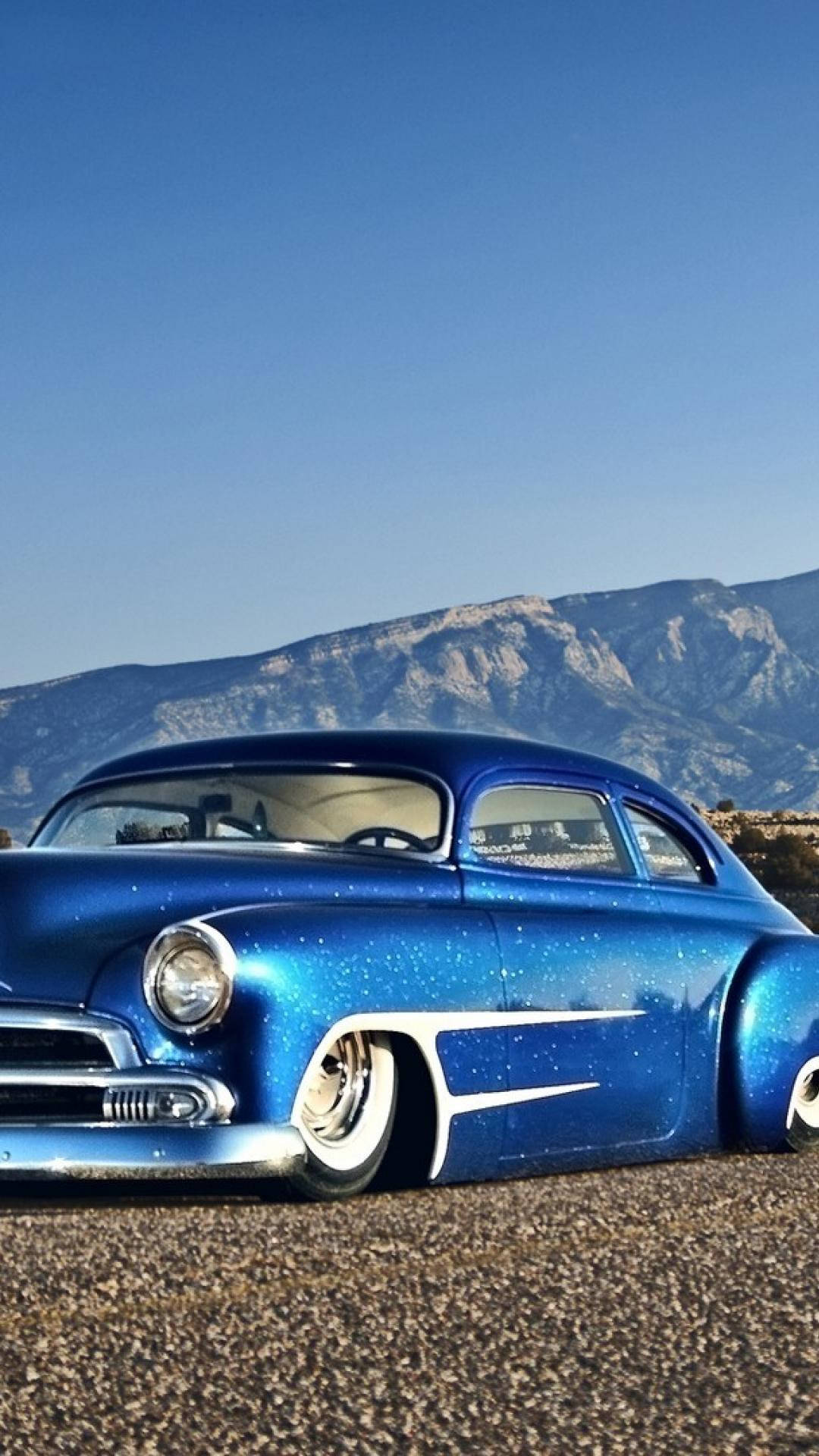 shiny blue car, mountains, classic car, Full HD Phone Wallpaper