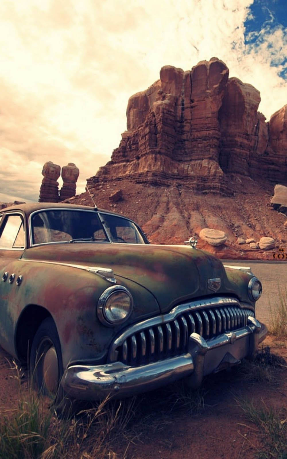 Abandoned Old Buick Car Phone, rusty vintage car, desert canyon, HD Phone Wallpaper