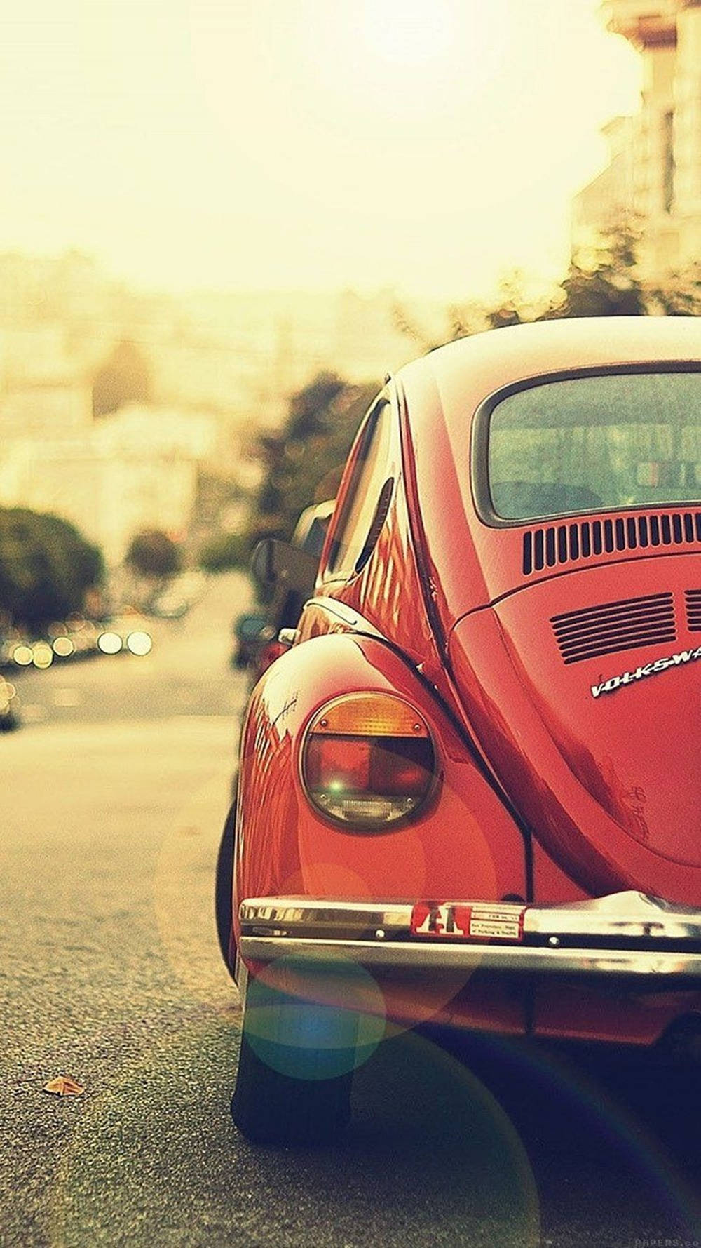 red Volkswagen Beetle, vintage, sun-drenched street, HD Phone Wallpaper