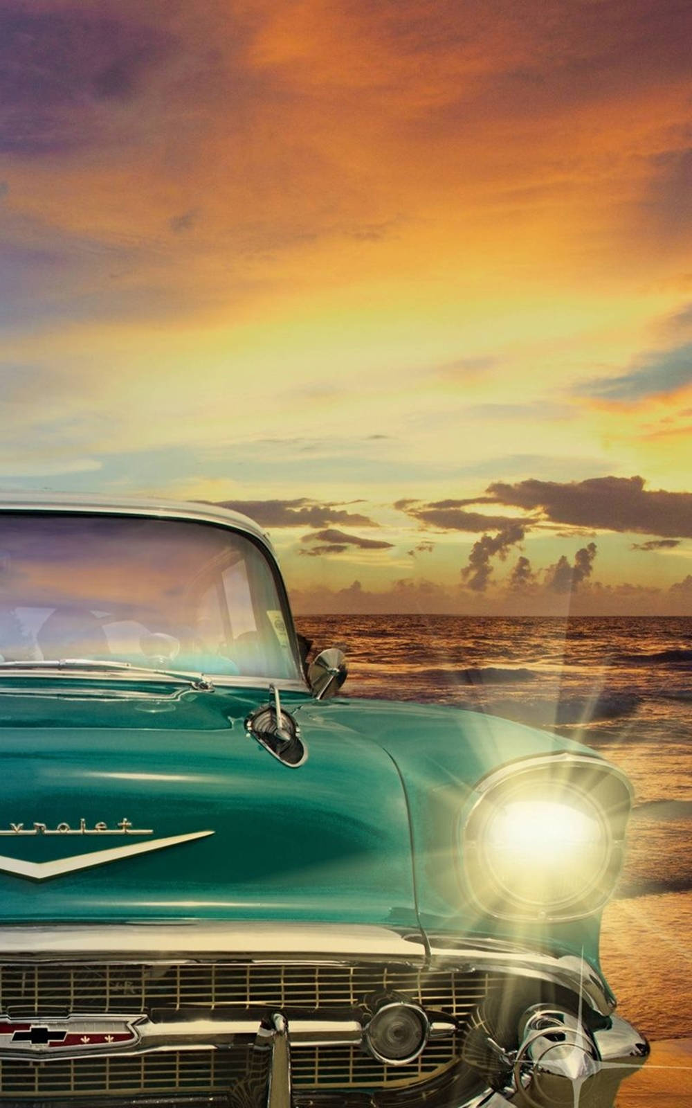 teal, classic Chevrolet Bel Air, sunset, HD Phone Wallpaper