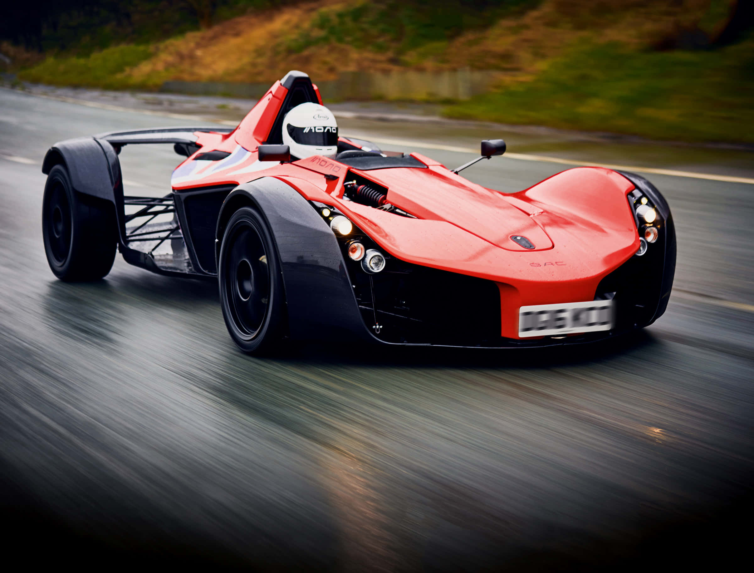 vibrant red and black, open-wheel sports car, wet road, Full HD Desktop Wallpaper