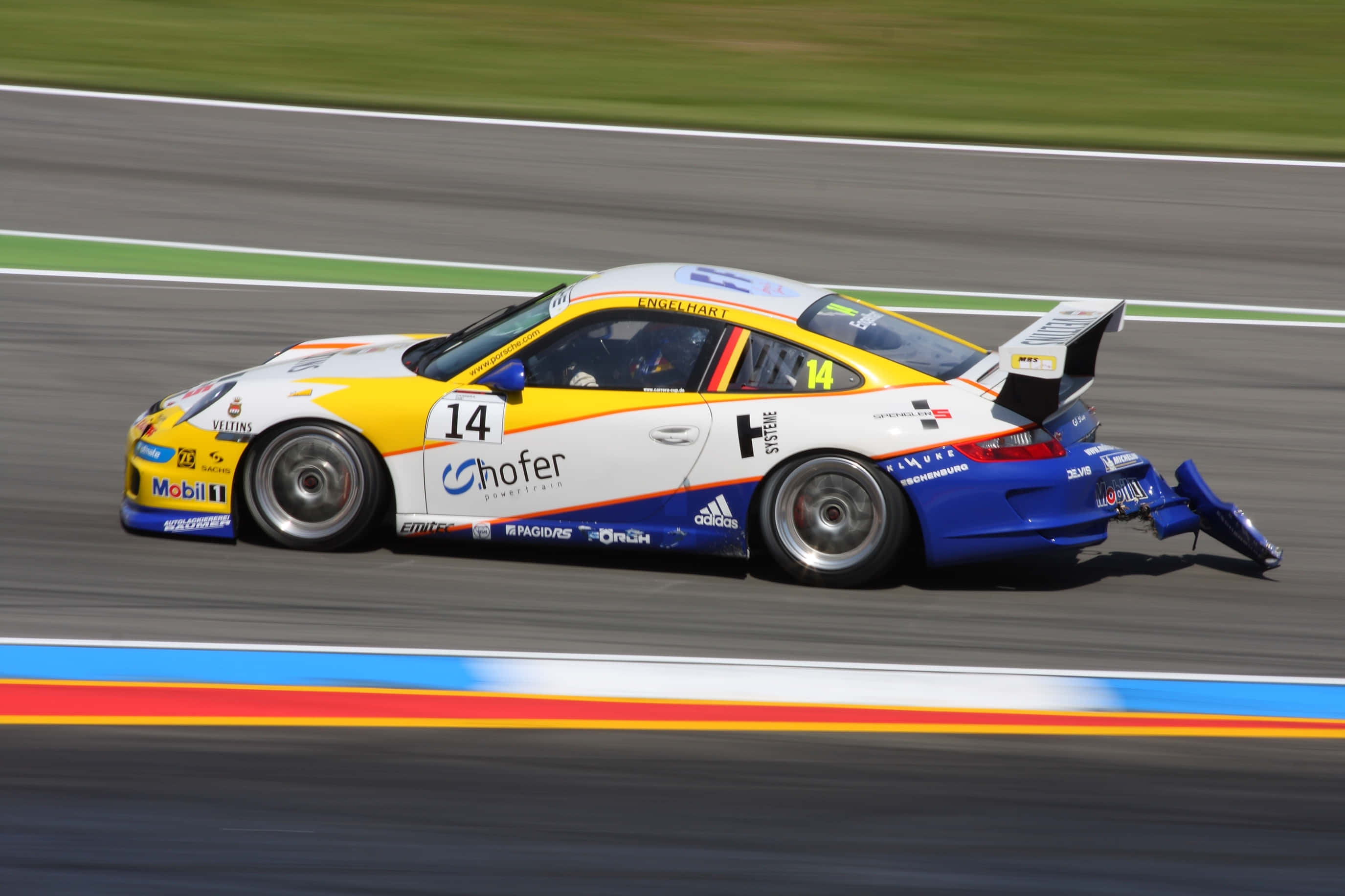 yellow blue and white race car, number 14, high-speed track, 2K Desktop Wallpaper