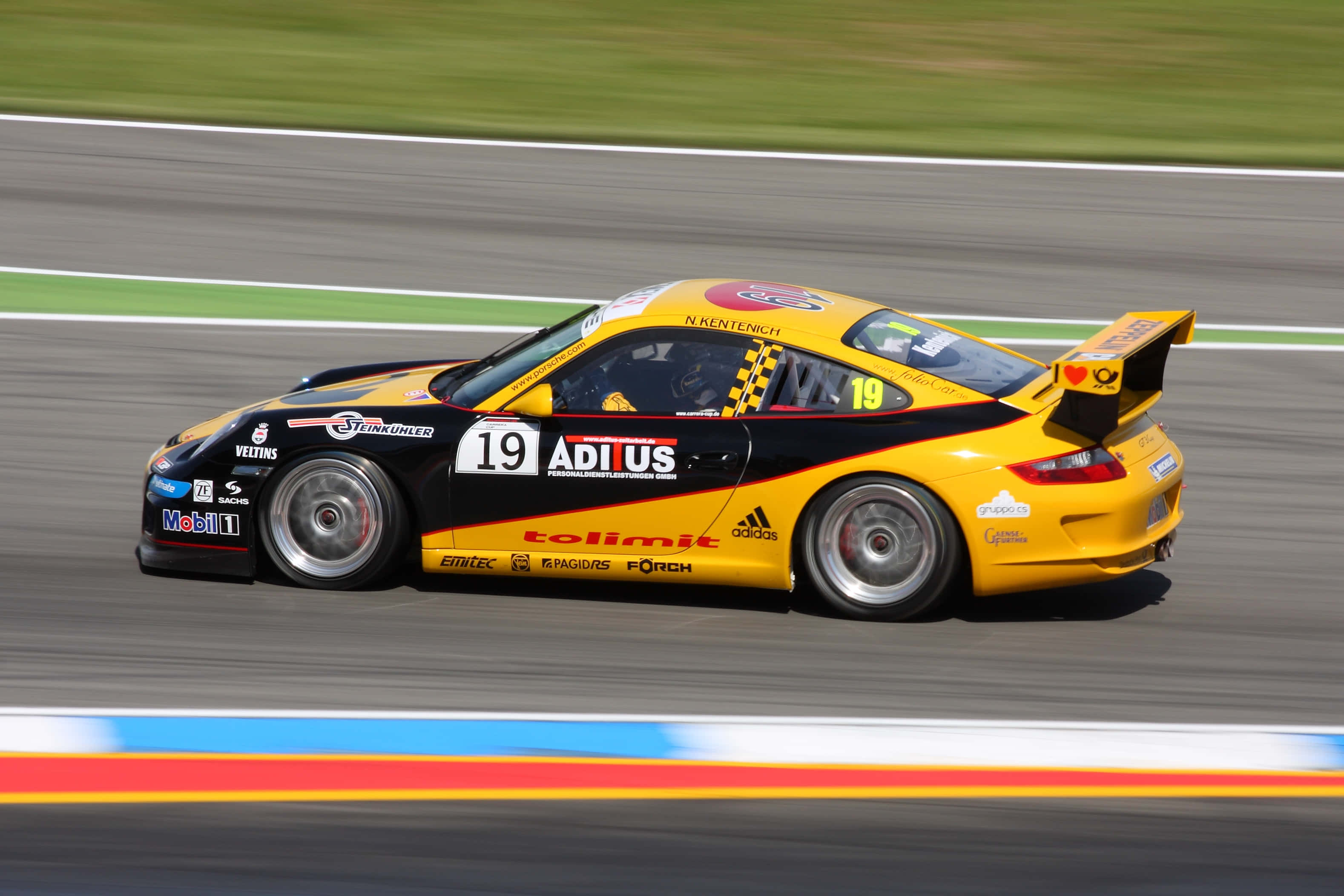yellow and black race car, number 19, racetrack, 2K Desktop Wallpaper