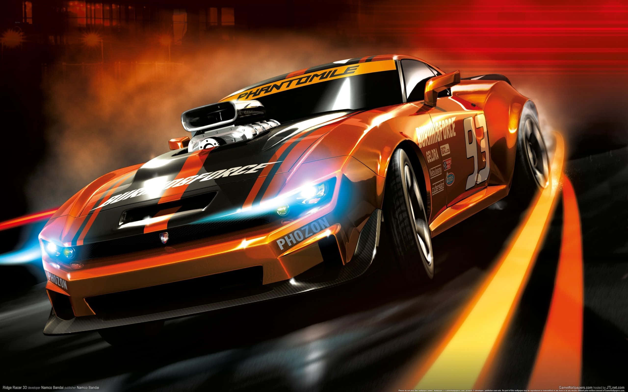 sprint car racing, fiery orange, glowing blue headlights, 2K Desktop Wallpaper