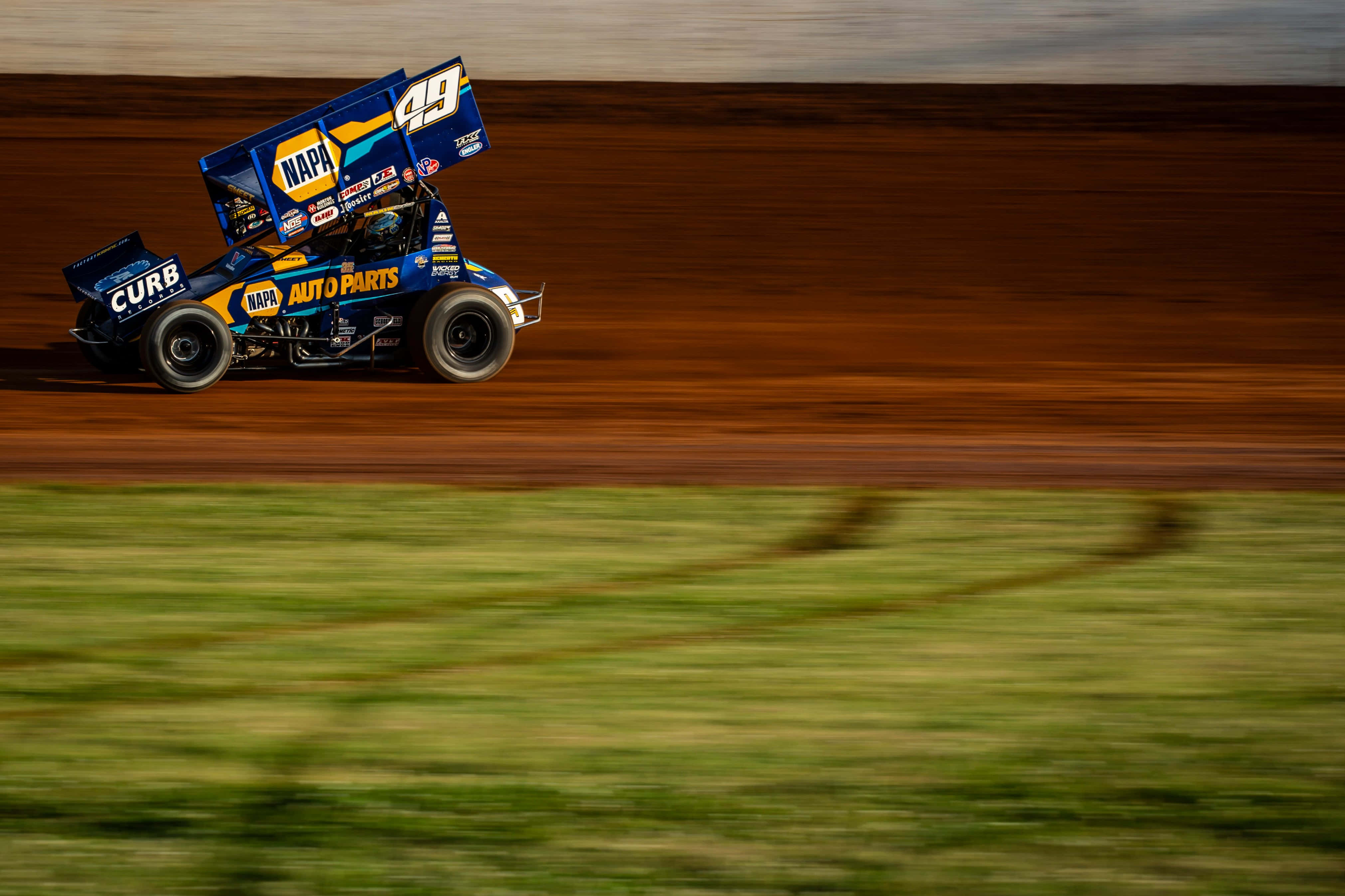 sprint car racing, dirt track race car, blue and yellow, 4K Desktop Wallpaper