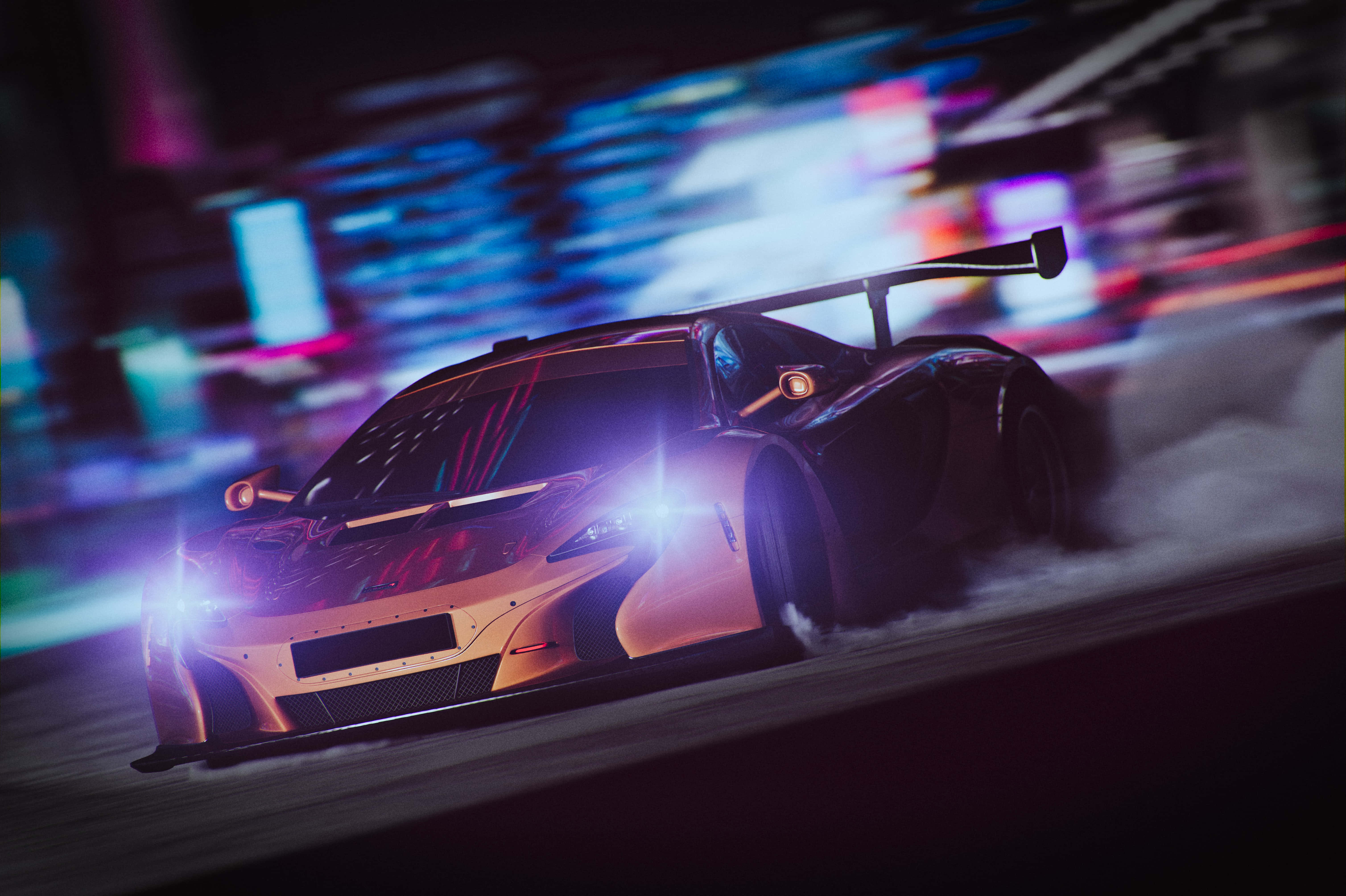 sprint car racing, glowing orange race car, neon-lit city street, 5K Desktop Wallpaper
