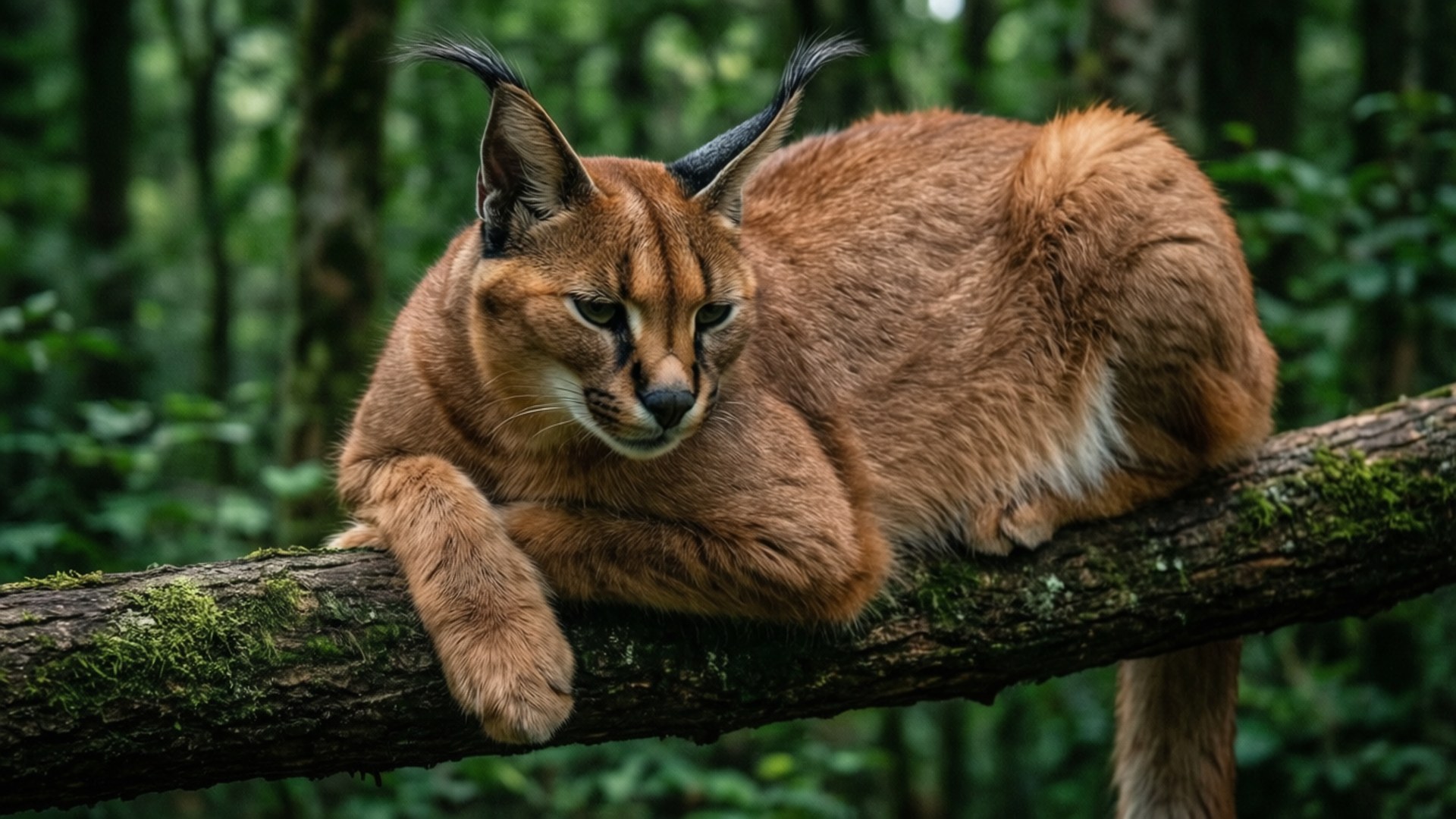Caracal, tree branch, lush forest, Full HD Desktop Wallpaper