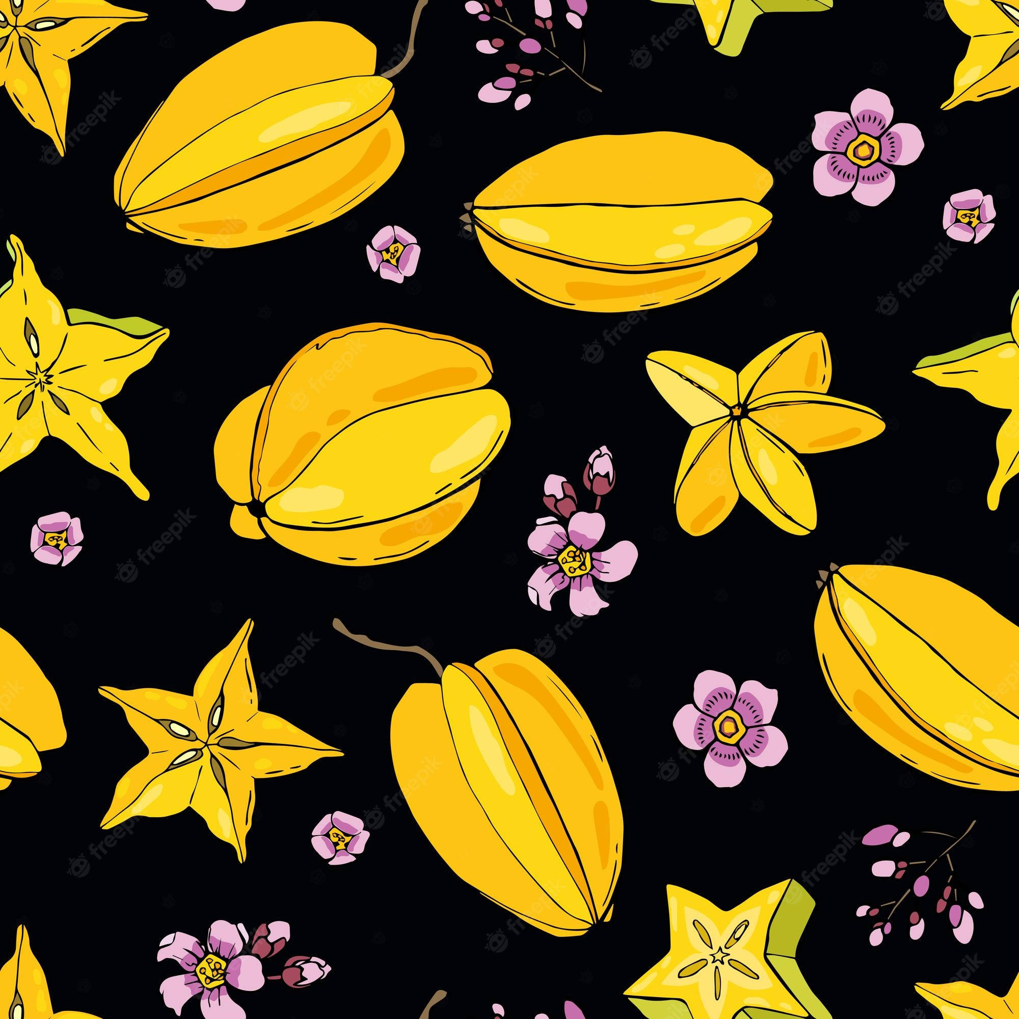 Carambola, vibrant yellow starfruits, pink flowers, Full HD Desktop Wallpaper