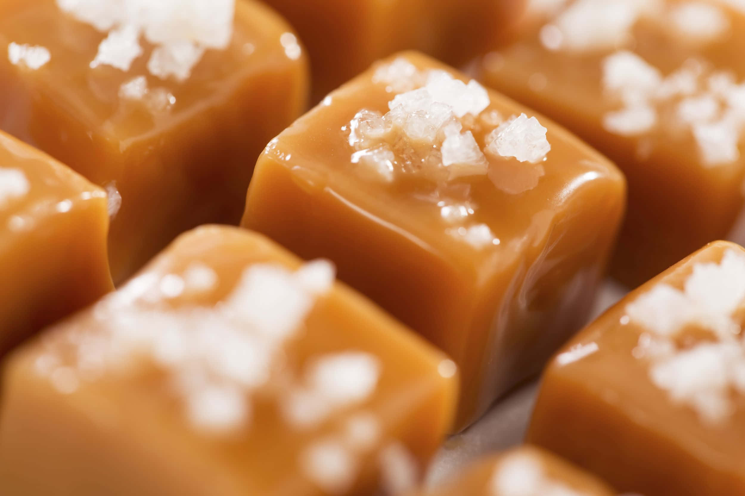 brown caramel, golden caramel cubes, coarse sea salt crystals, Full HD Desktop Wallpaper