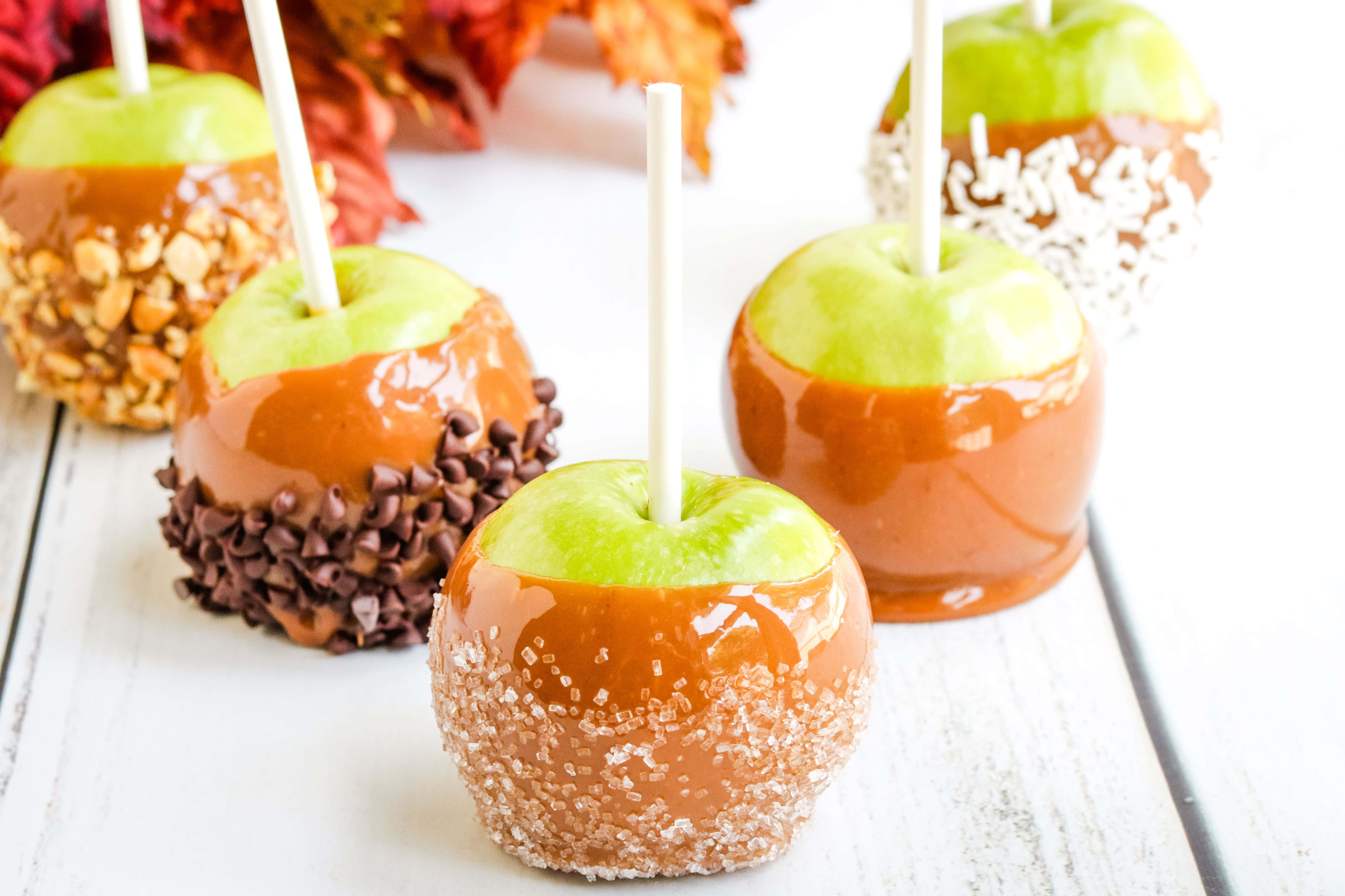 caramel apples, rustic wooden table, white wooden surface, 5K Desktop Wallpaper