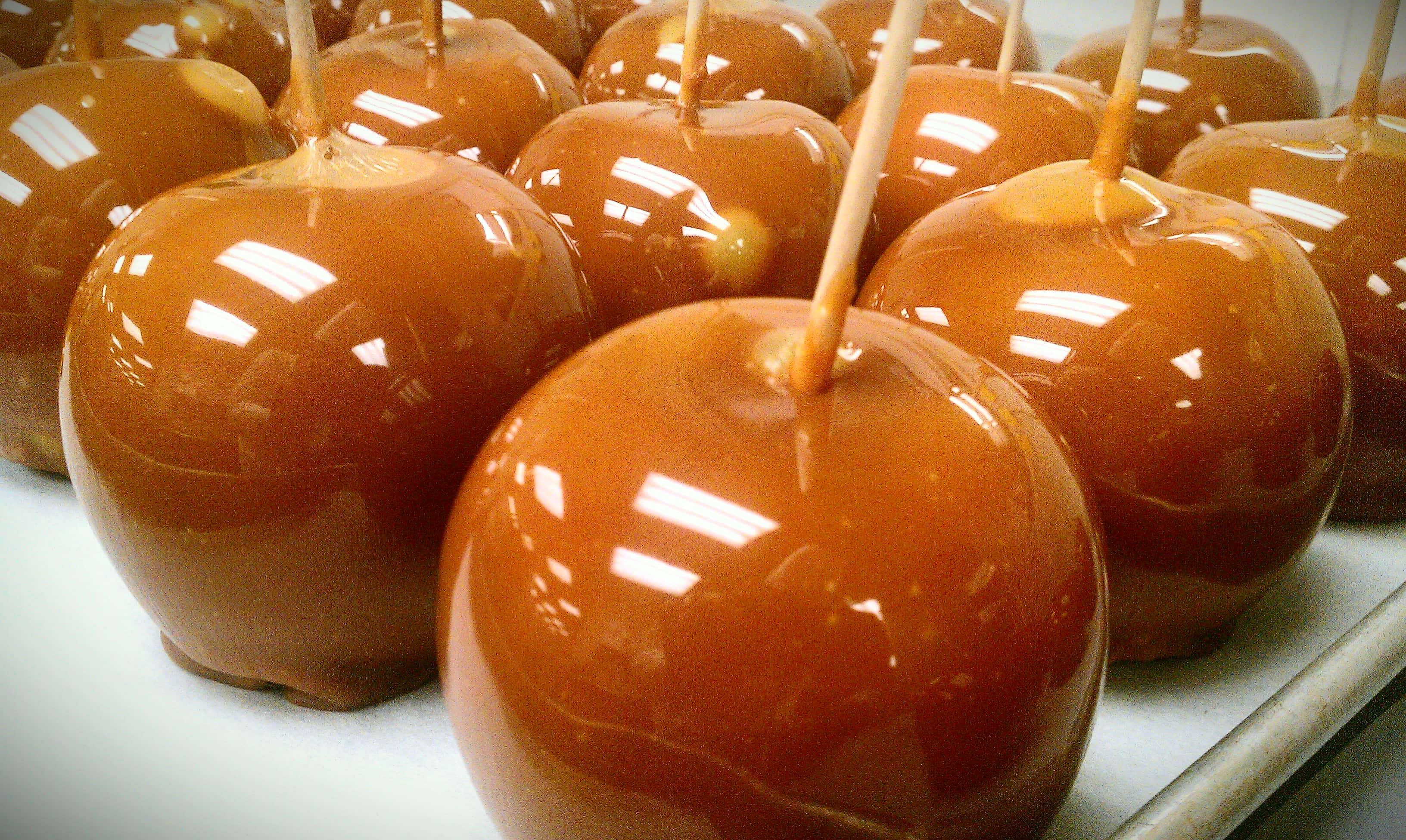 caramel apples, wooden sticks, tray, 2K Desktop Wallpaper