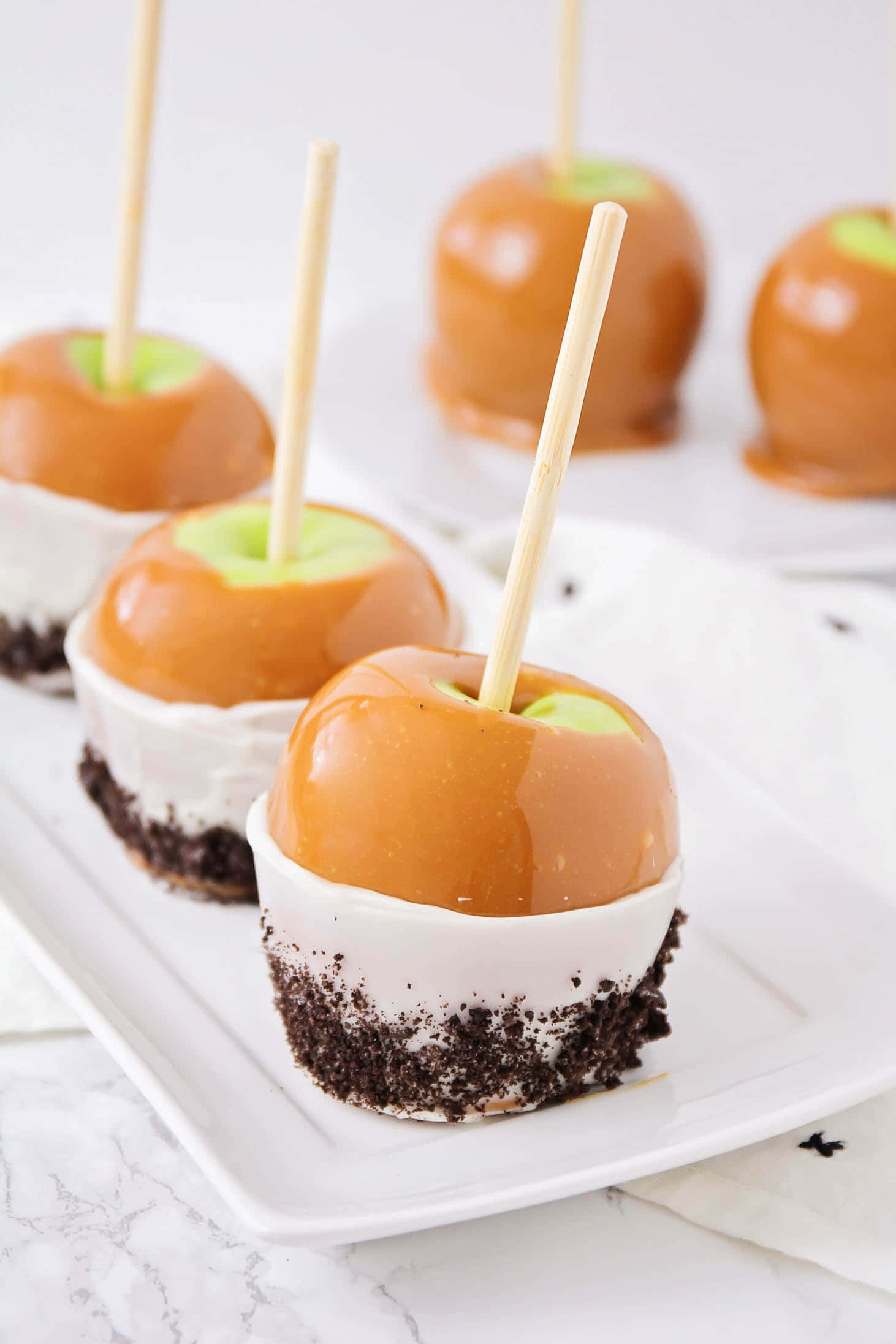 caramel apples, rustic wooden table, white plate, Full HD Phone Wallpaper