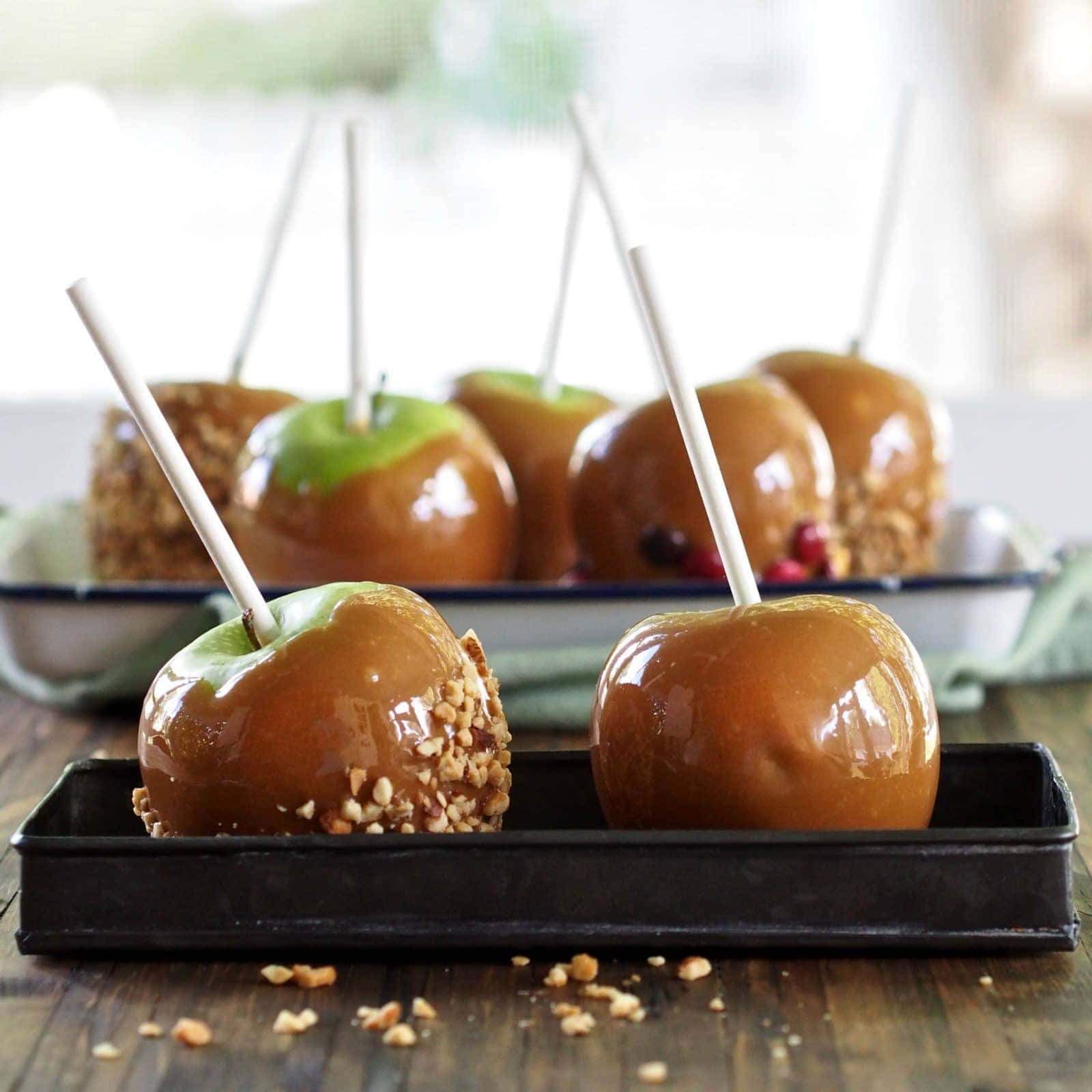 caramel apples, green stems, chopped nuts, HD Desktop Wallpaper
