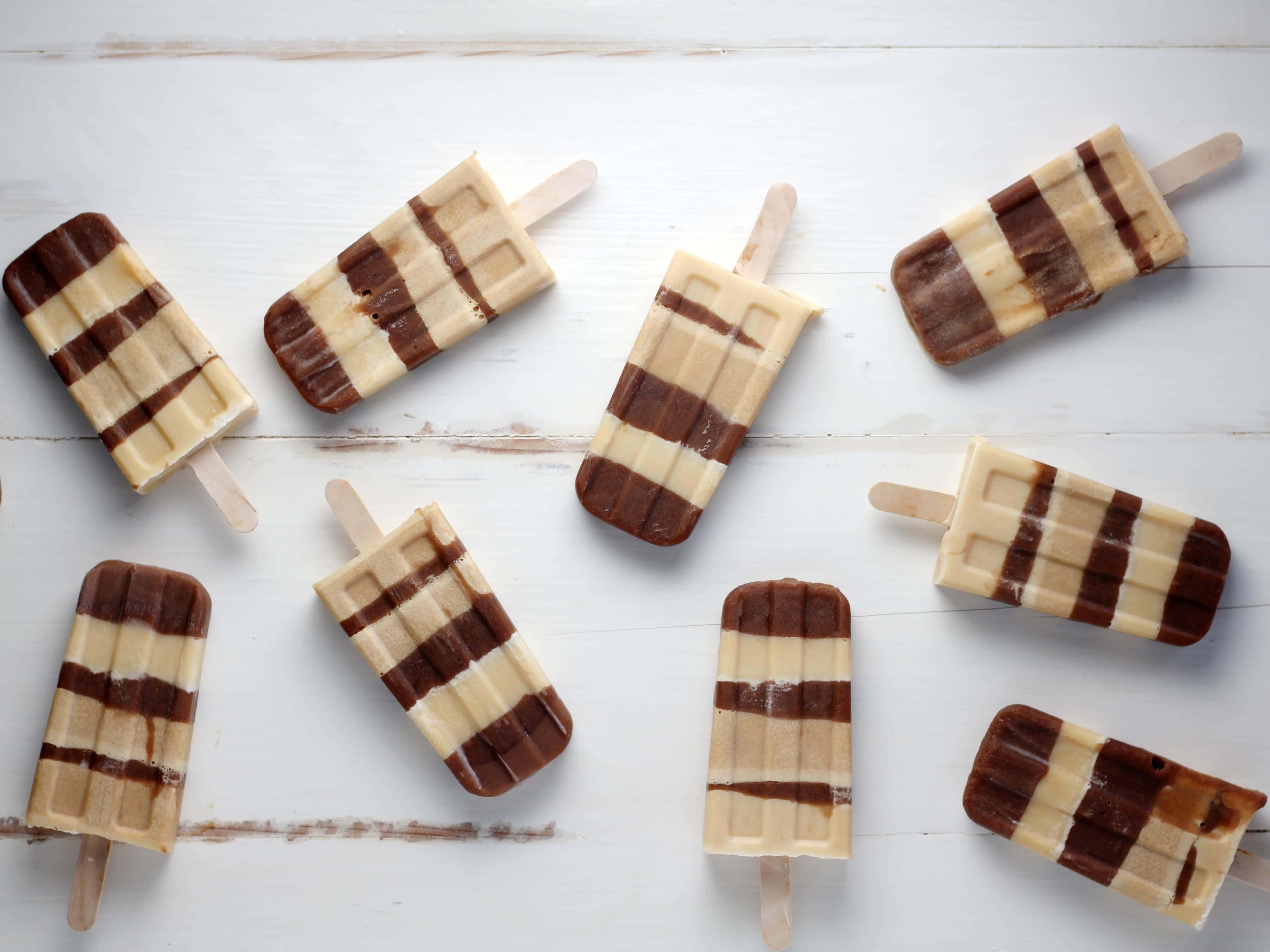 caramel 4509 x 3379, Strawberry and chocolate swirl popsicles, white wooden surface, 4K Desktop Wallpaper