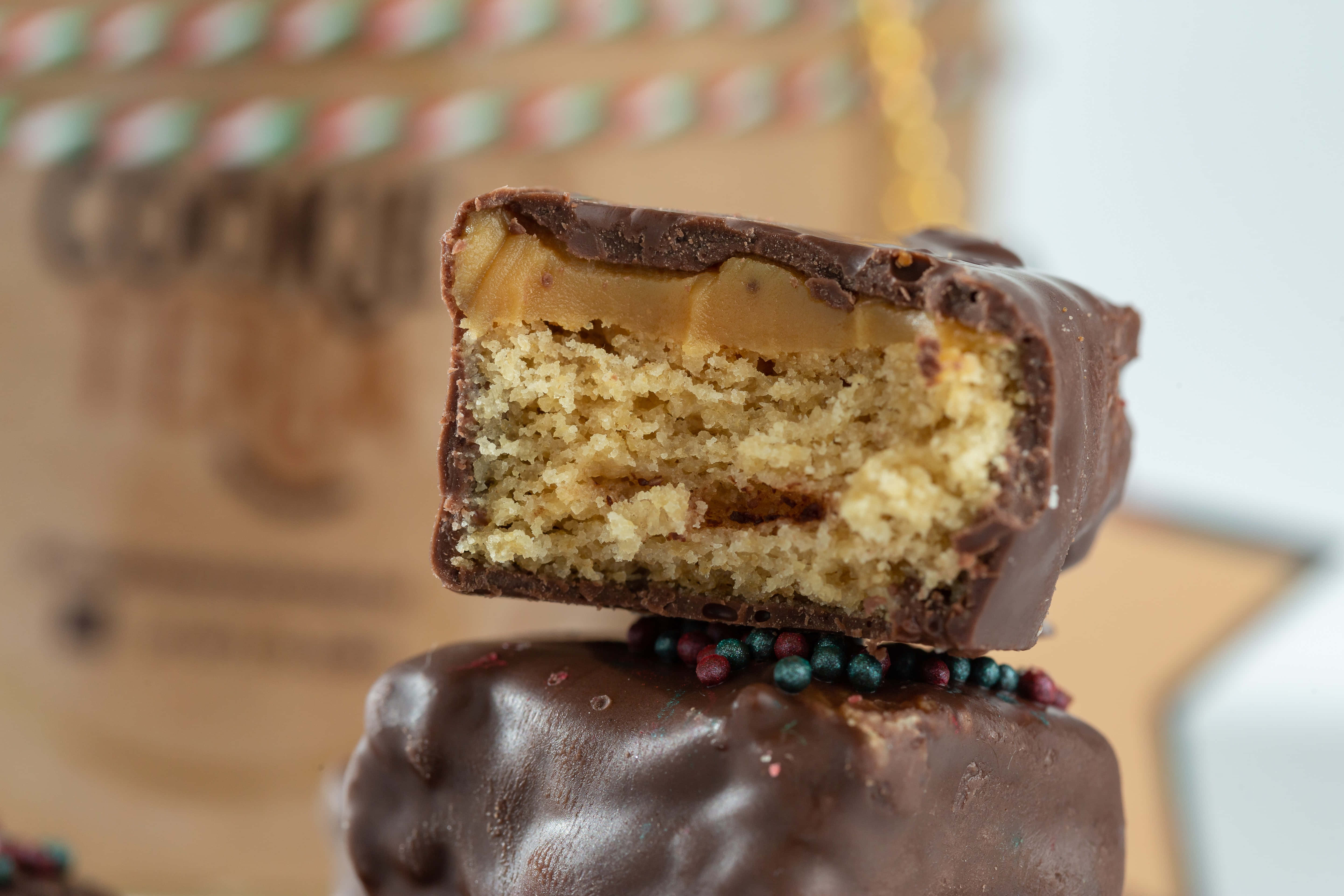 caramel 5760 x 3840 wallpaper, golden caramel drizzle, chocolate-coated cookie bar, 5K Desktop Wallpaper
