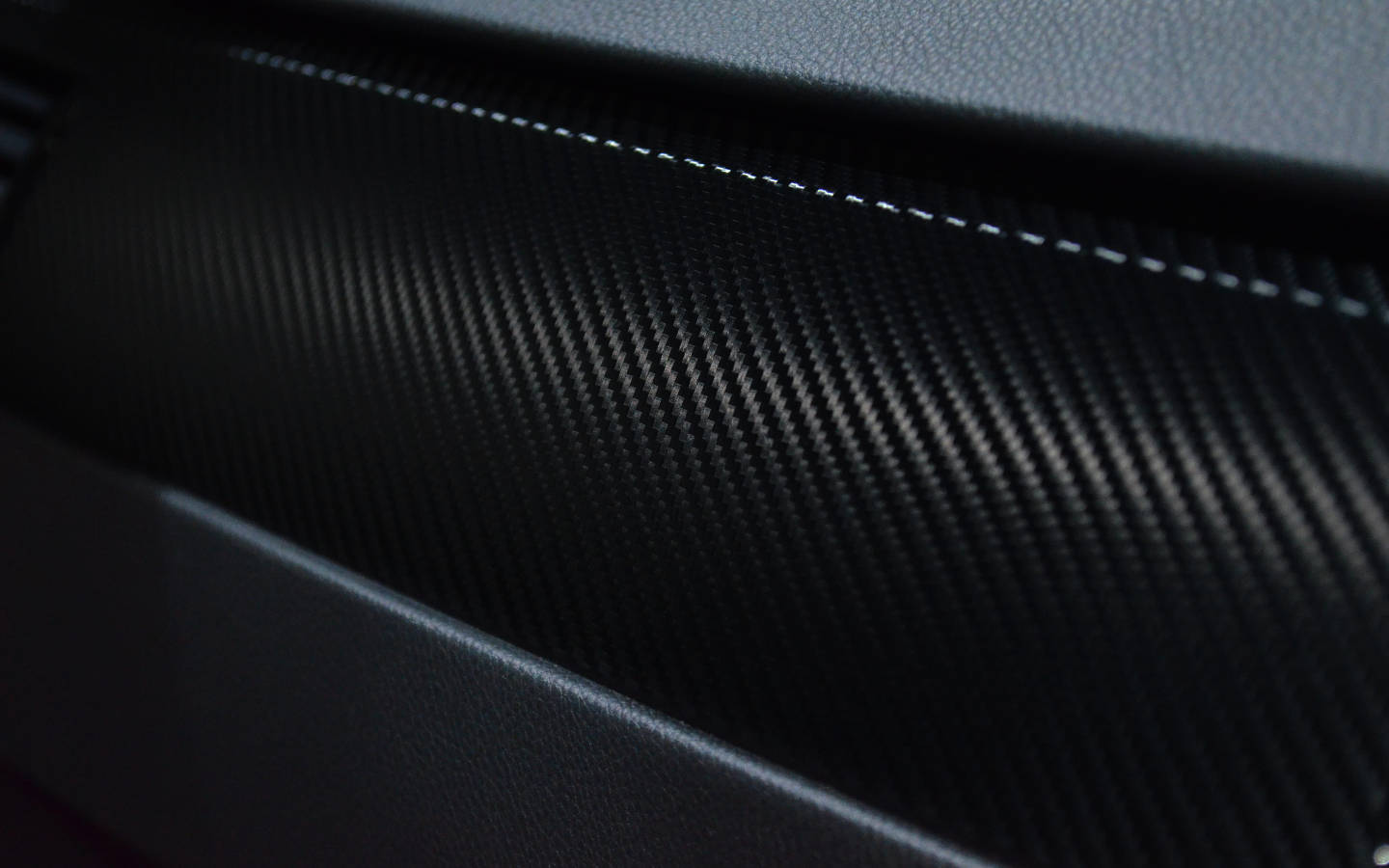 black carbon fiber, crisp white stitching, dark leather, HD Desktop Wallpaper