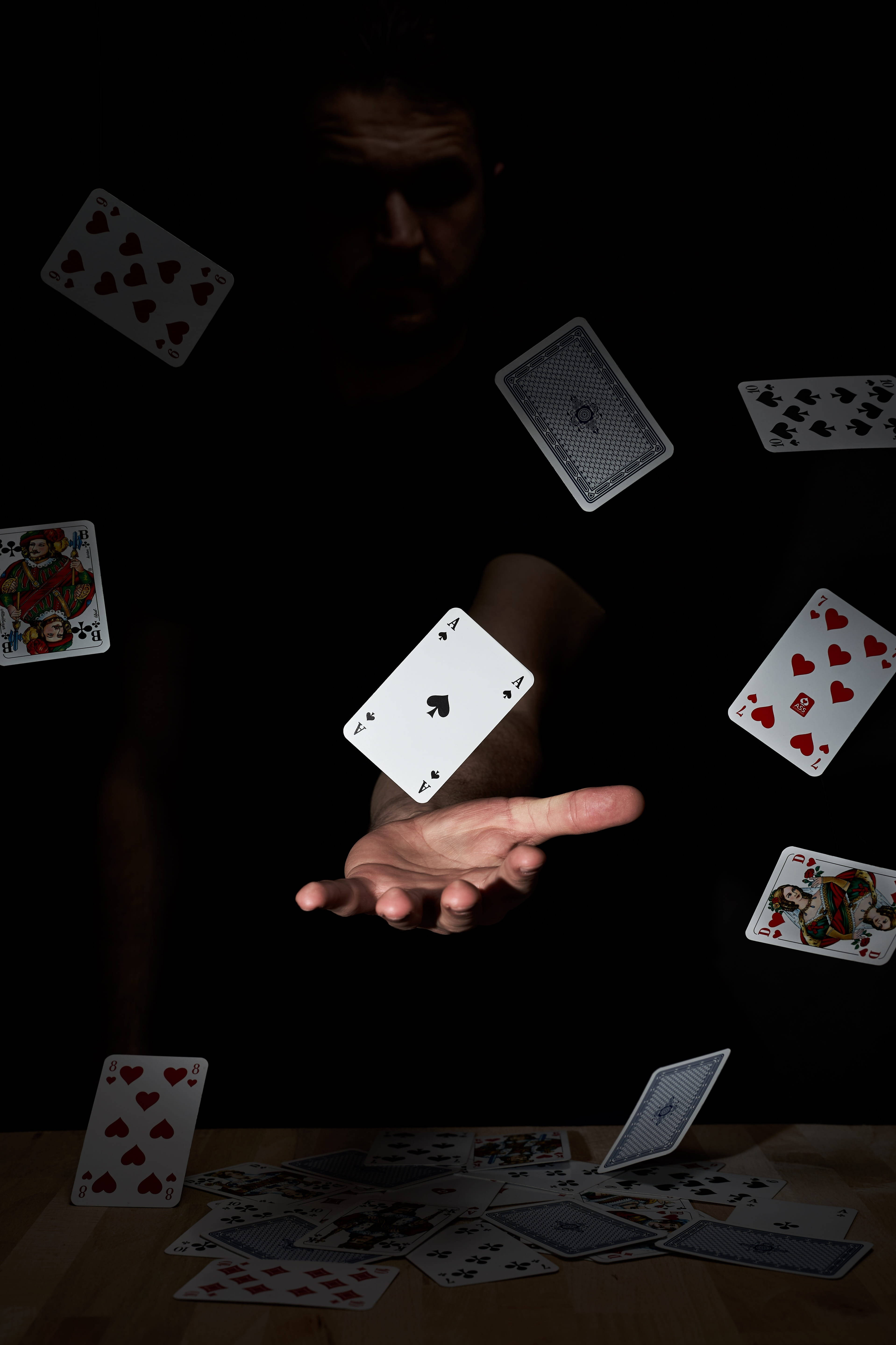 Playing Cards Air, magician's hand, falling playing cards, 5K Phone Wallpaper