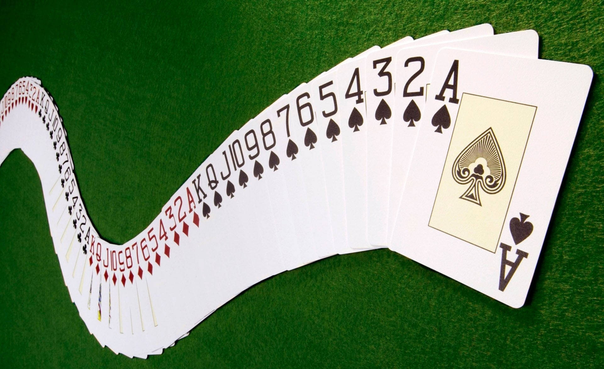 wavy playing cards, ace to two of spades, green felt surface, Full HD Desktop Wallpaper