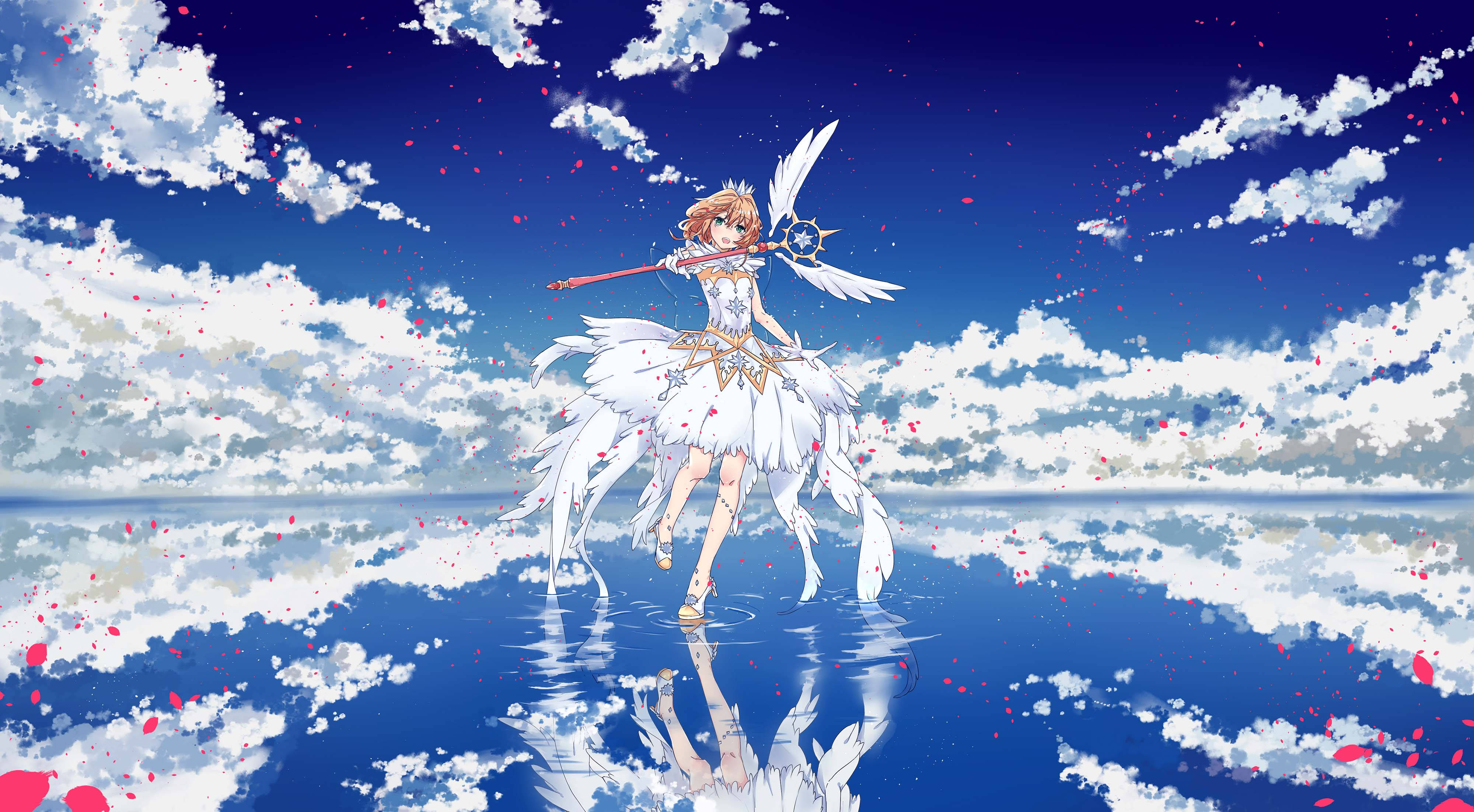 Cardcaptor Sakura, white-winged anime girl, feathered dress, 4K Desktop Wallpaper