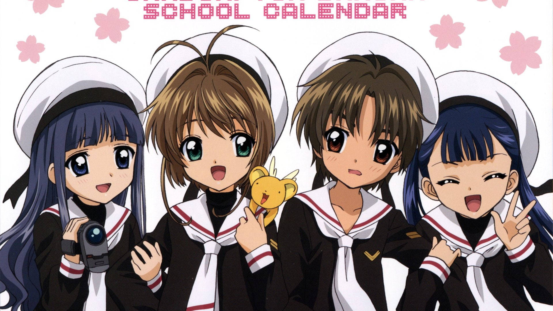 Cardcaptor Sakura, sailor uniforms, pink cherry blossom background, Full HD Desktop Wallpaper