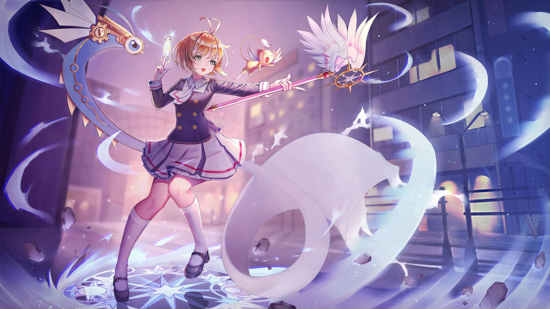 Cardcaptor Sakura, school uniform, glowing staff, Full HD Desktop Wallpaper