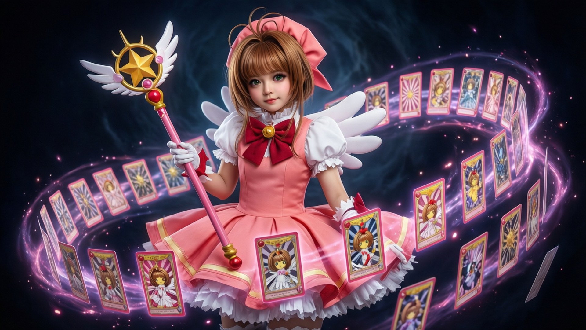 Cardcaptor Sakura, pink magical dress, star-topped wand, Full HD Desktop Wallpaper