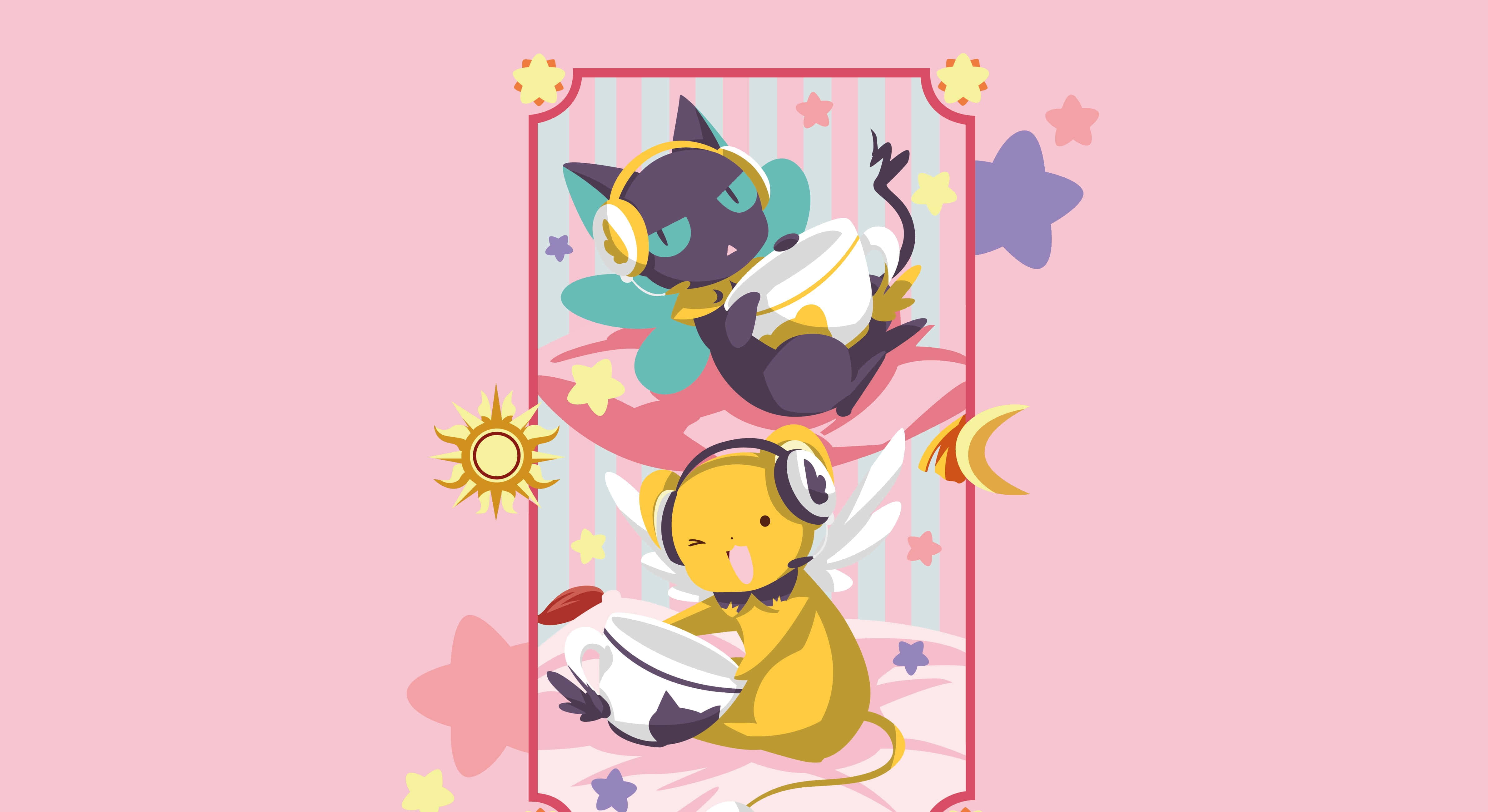 Cardcaptor Sakura, anime-style cat-like creatures, headphones, 4K Desktop Wallpaper