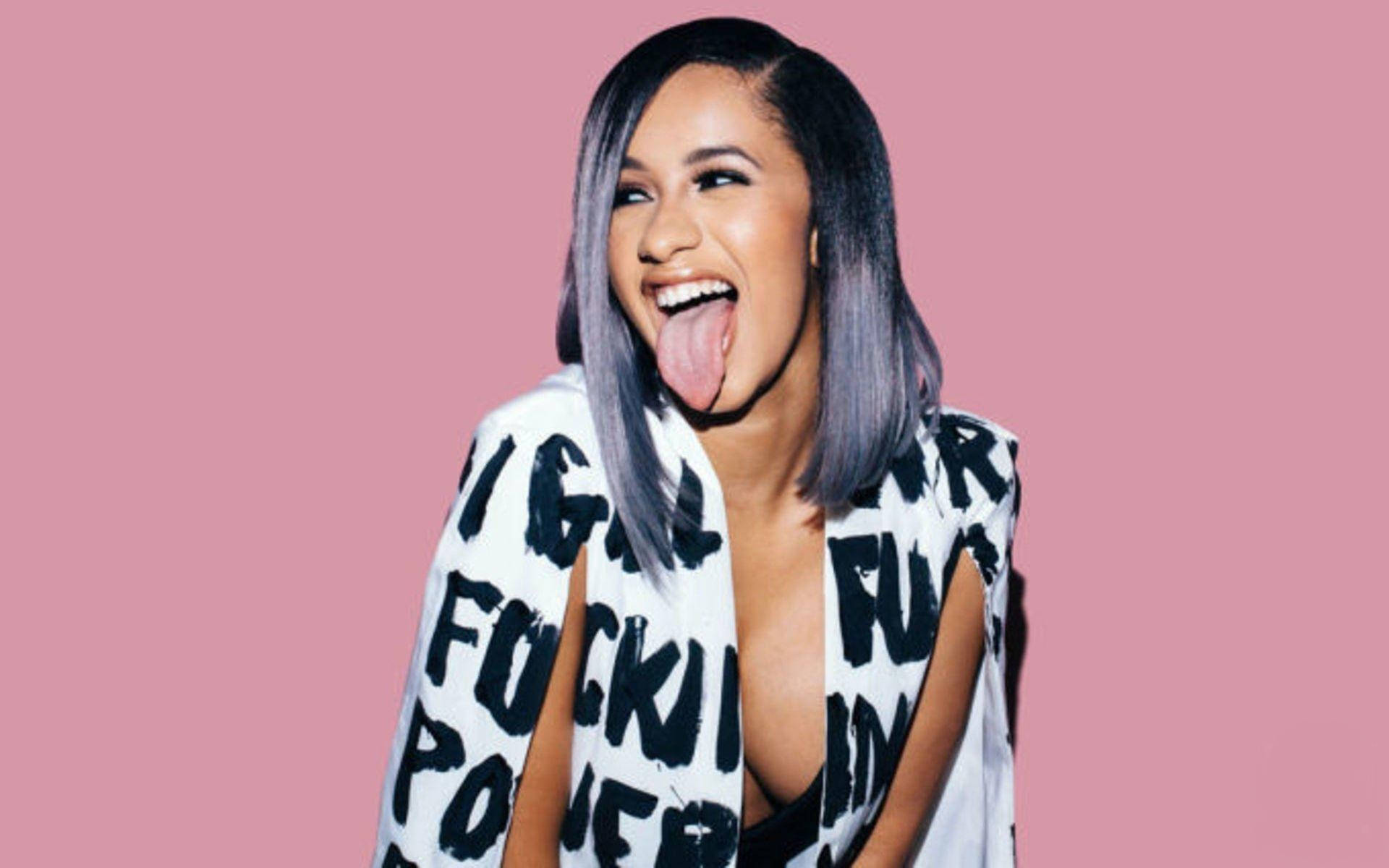Cardi B, purple hair, tongue out, Full HD Desktop Wallpaper