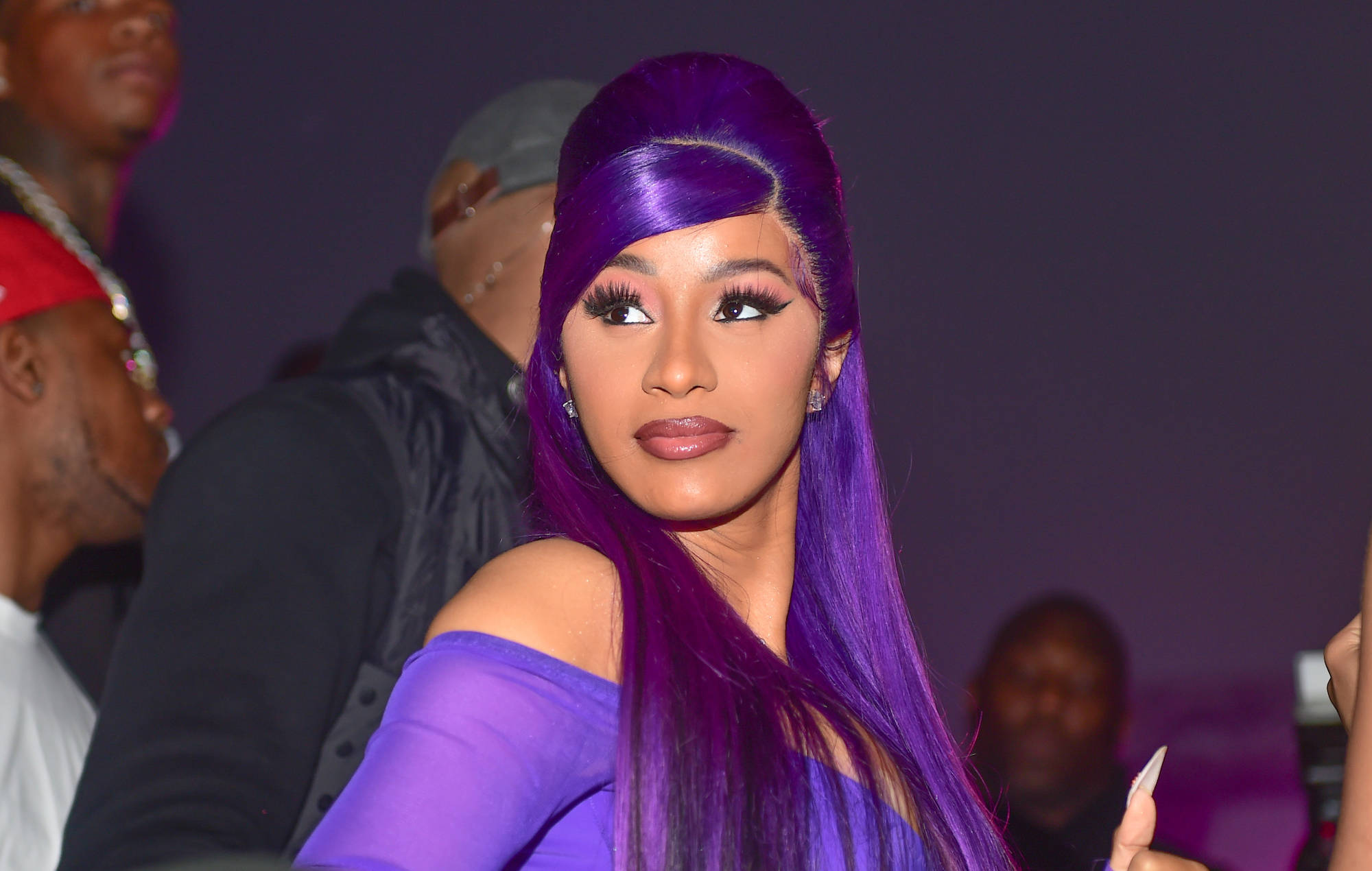 Cardi B, vibrant purple hair, matching outfit, Full HD Desktop Wallpaper