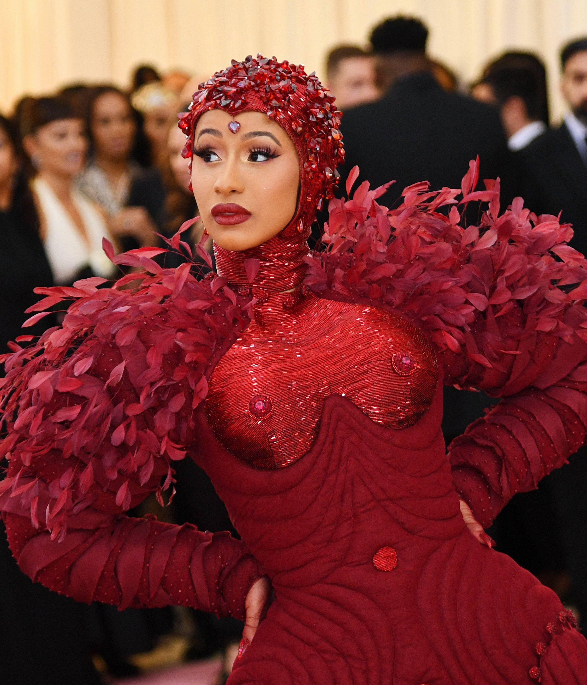 Cardi B, 2019 Met Gala, dazzling red sequined gown, 2K Phone Wallpaper
