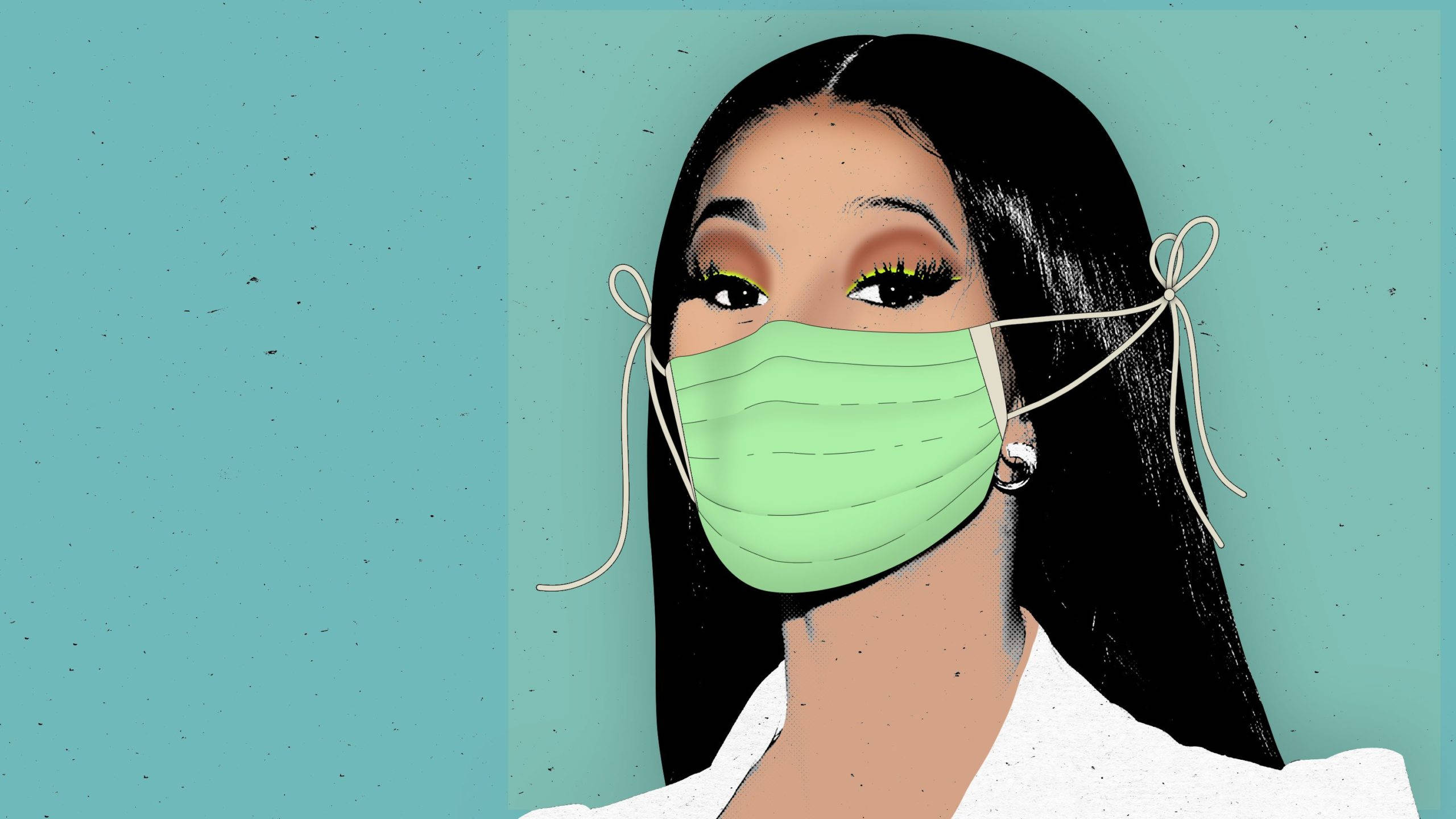 Cardi B, light green face mask, long black hair, 2K Desktop Wallpaper
