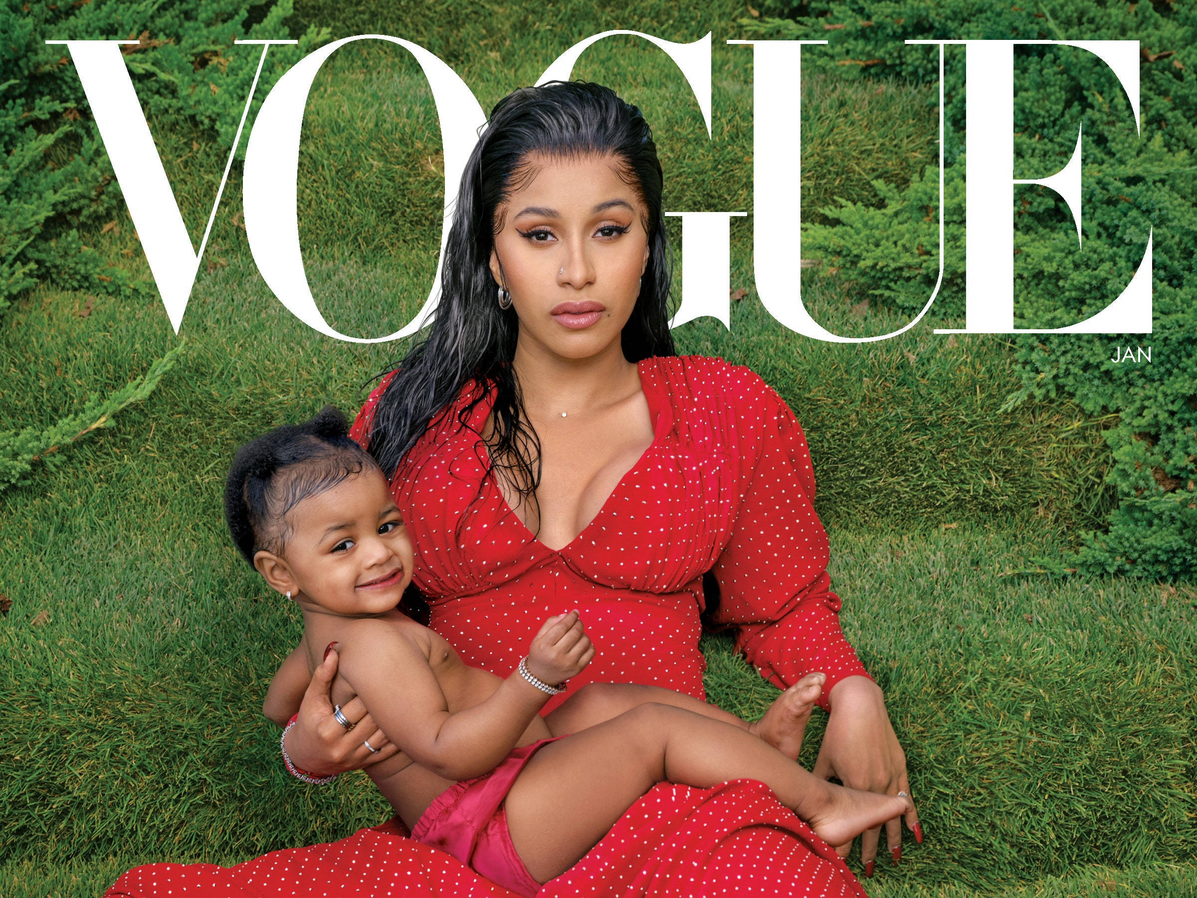 Cardi B, red polka-dot dress, grass, Full HD Desktop Wallpaper