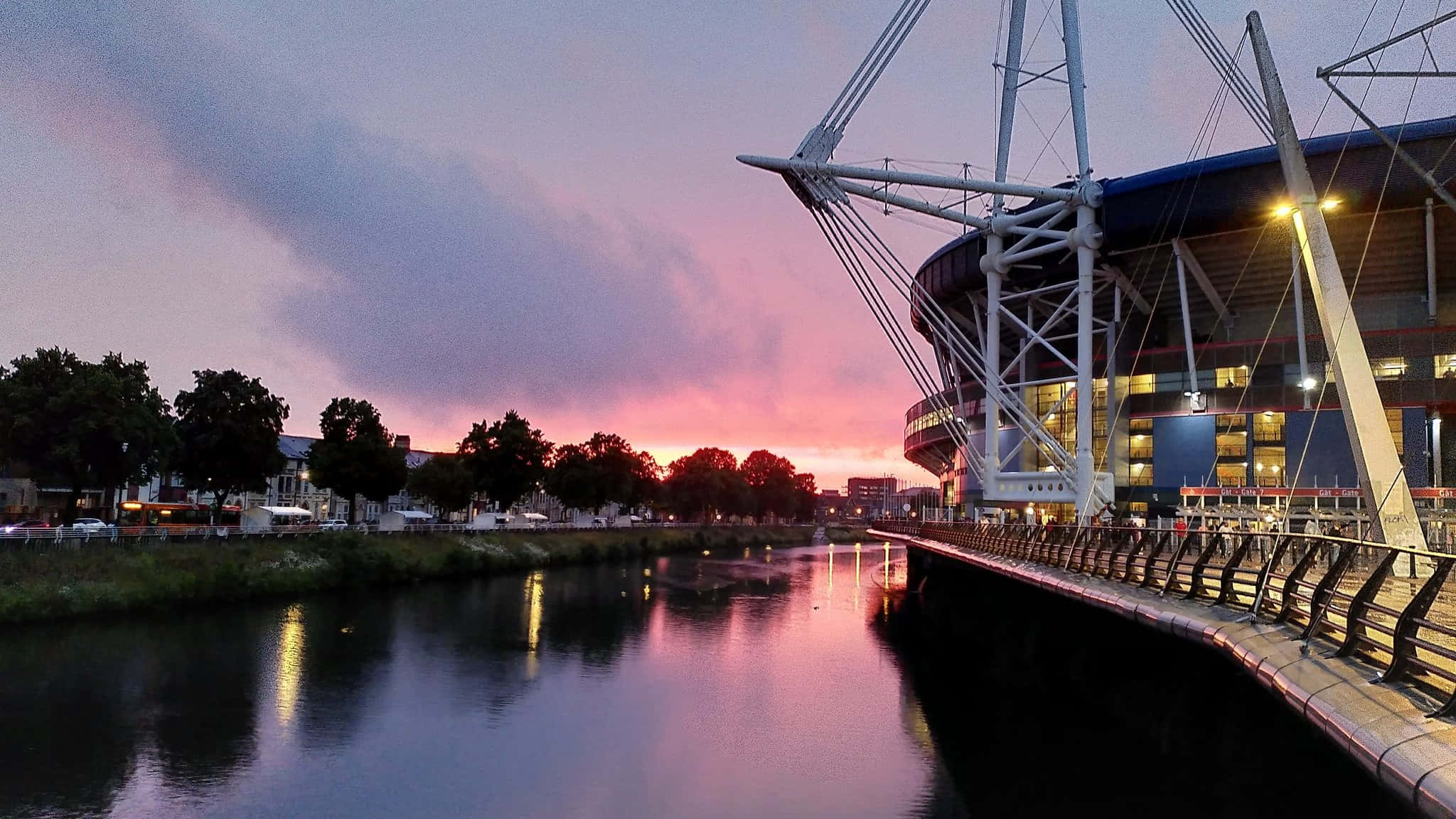 Cardiff Stadium, sunset, pink and purple sunset sky, Full HD Desktop Wallpaper