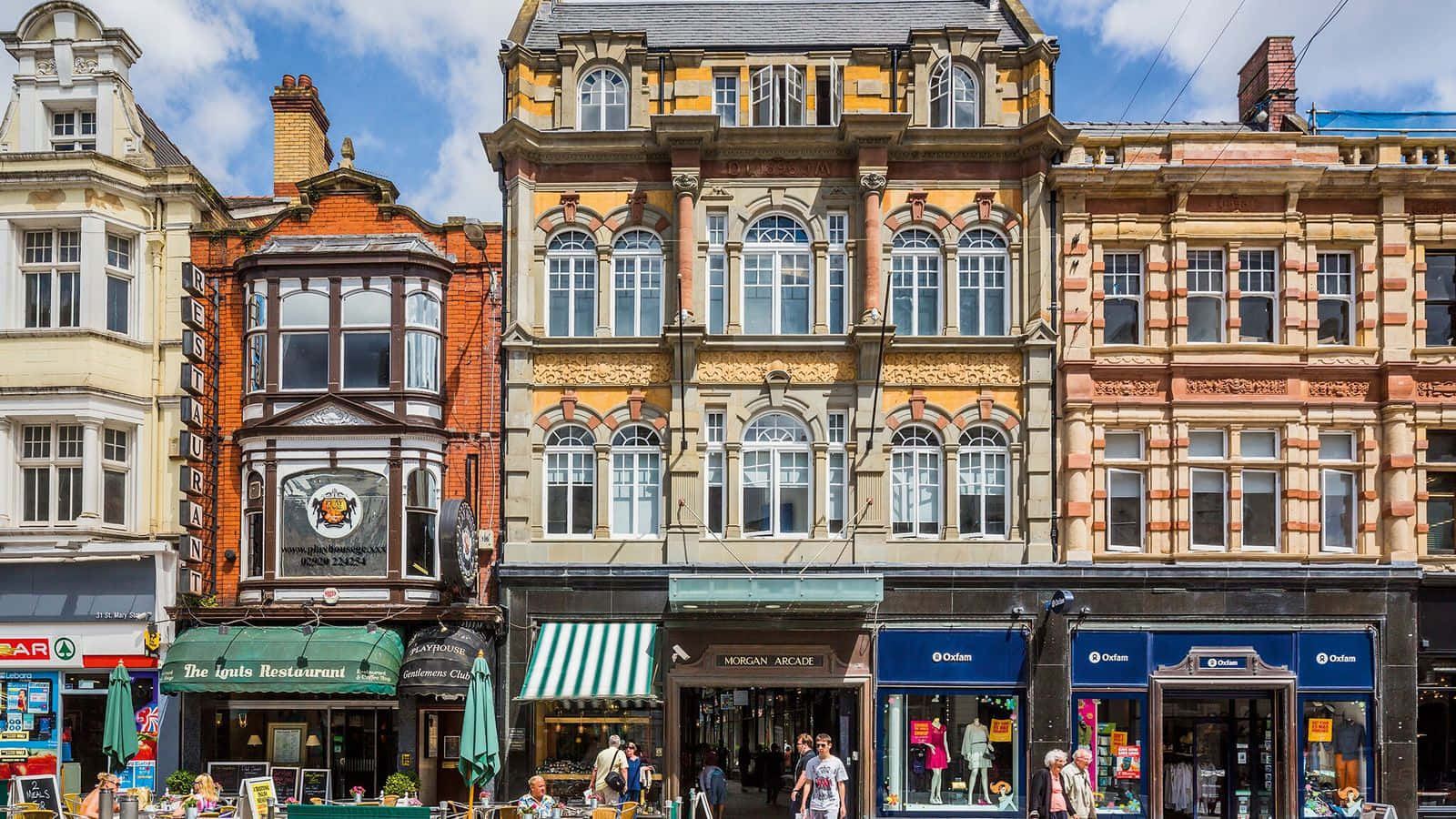 Cardiff Cityscape, historic brick and stone buildings, arched windows, HD Desktop Wallpaper