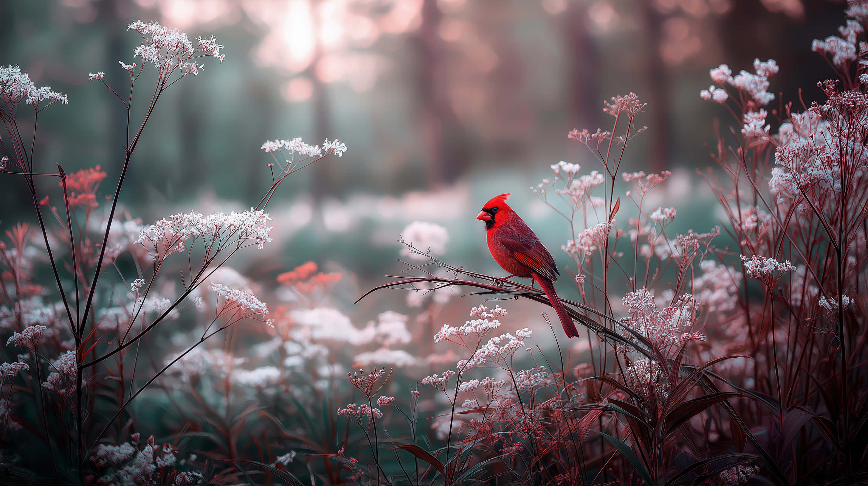 cardinal, branch, white wildflowers, 2K Desktop Wallpaper