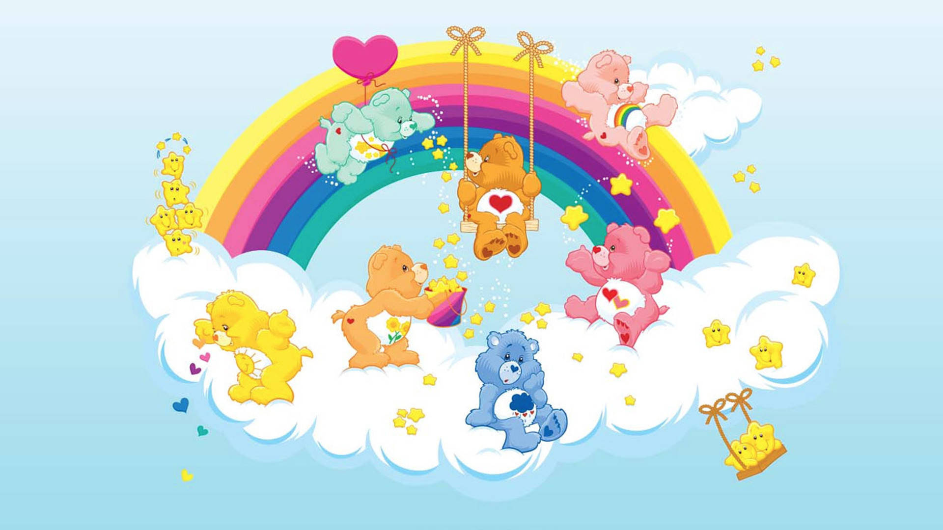 Care Bears, clouds, vibrant rainbow, Full HD Desktop Wallpaper