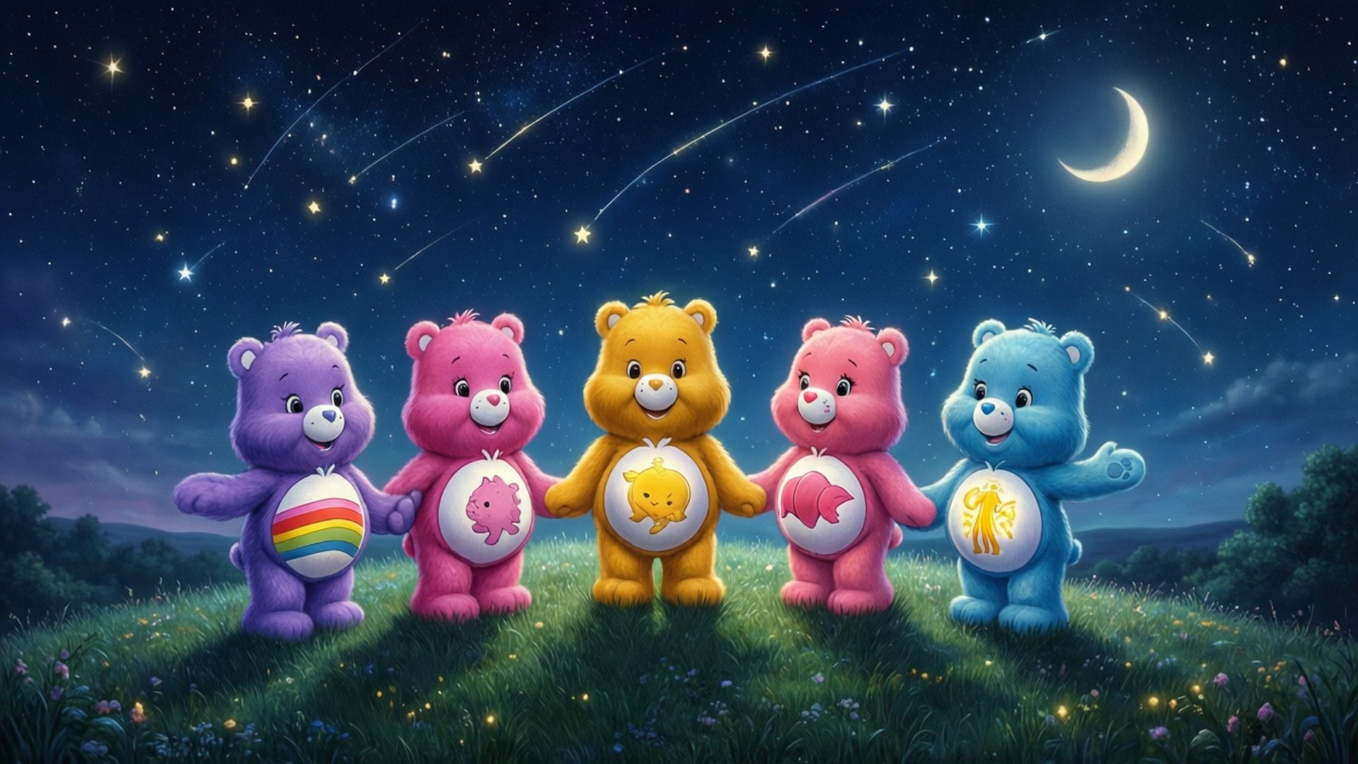 Care Bears, starry night sky, crescent moon, Full HD Desktop Wallpaper