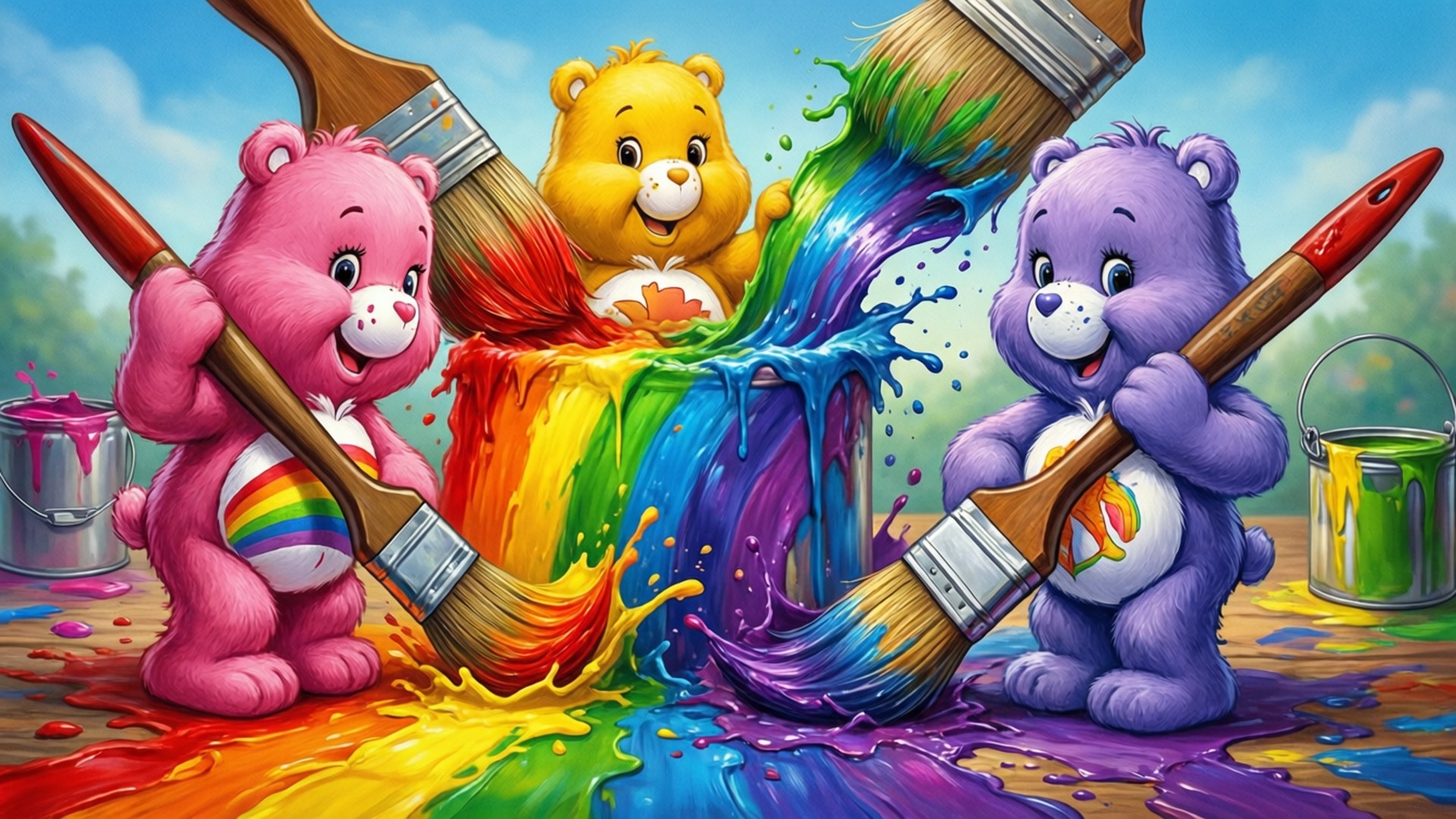 Care Bears, rainbow paint, giant brushes, Full HD Desktop Wallpaper