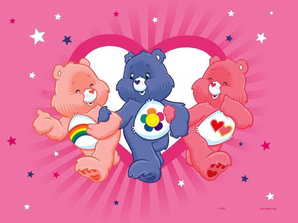 Care Bears, rainbow heart patches, vibrant pink starry background, SD Desktop Wallpaper