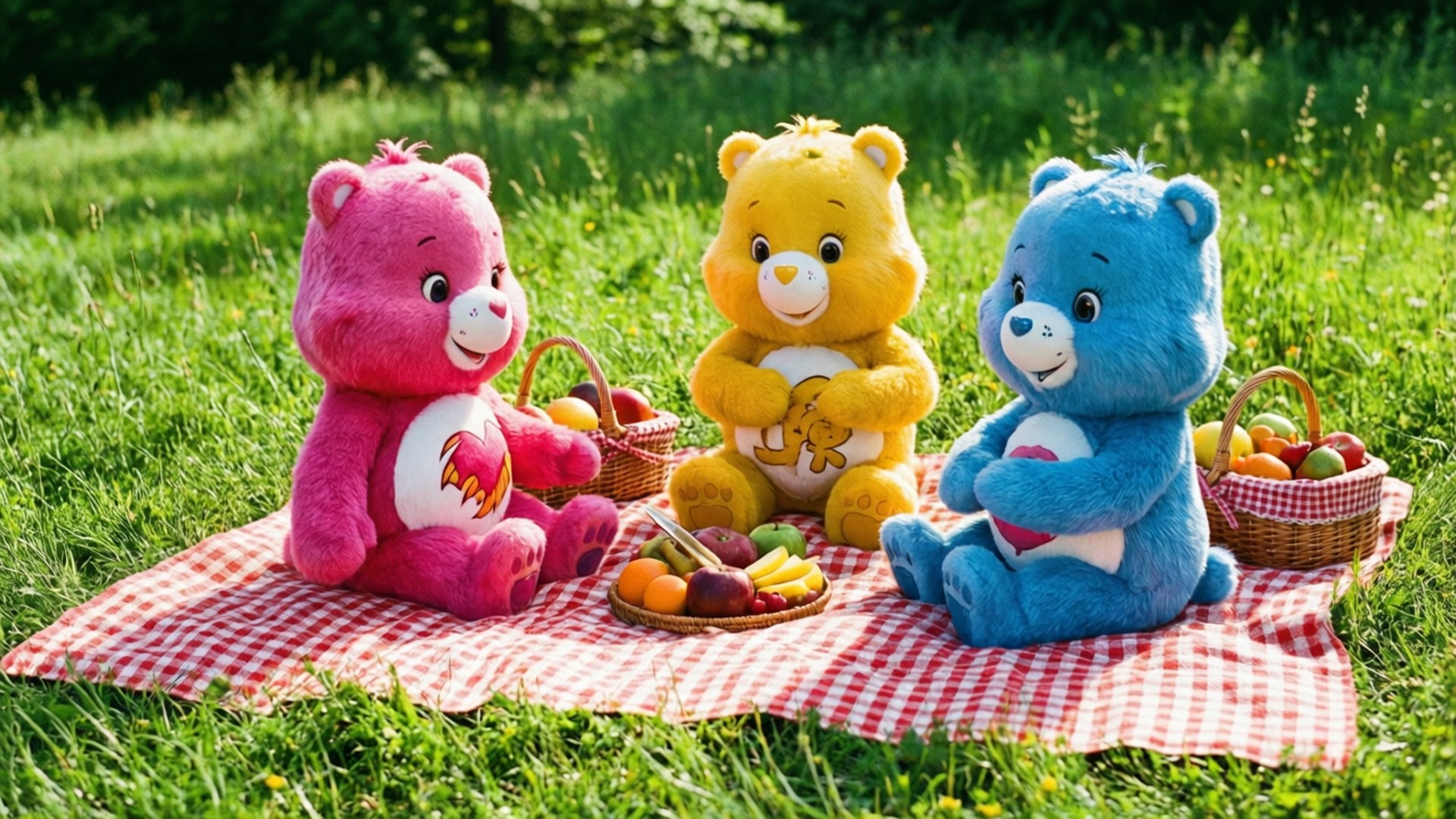 Care Bears, red and white checkered blanket, grassy field, Full HD Desktop Wallpaper