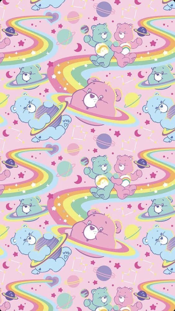 Care Bears, rainbow planets, whimsical galaxy, SD Phone Wallpaper