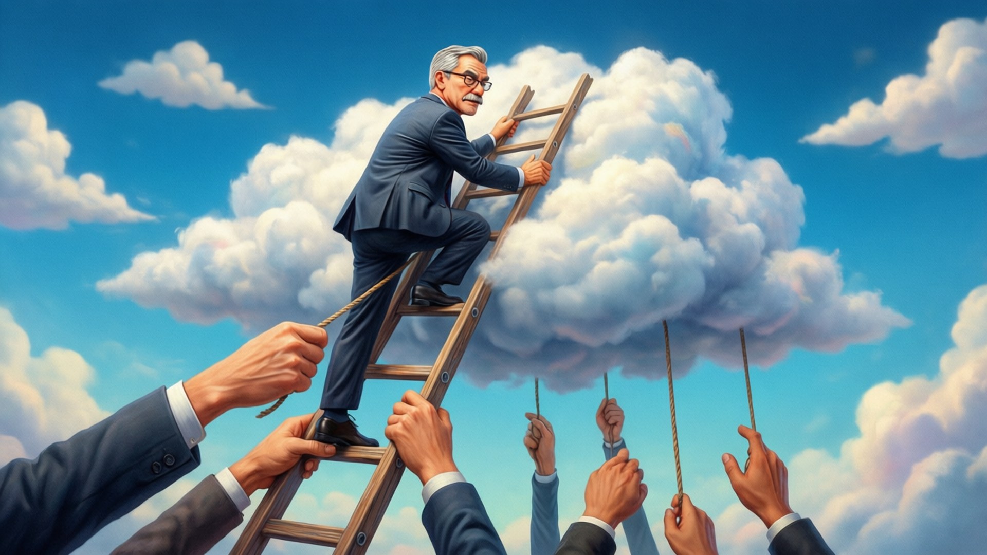corporate ladder struggle, wooden ladder, bright blue sky, Full HD Desktop Wallpaper