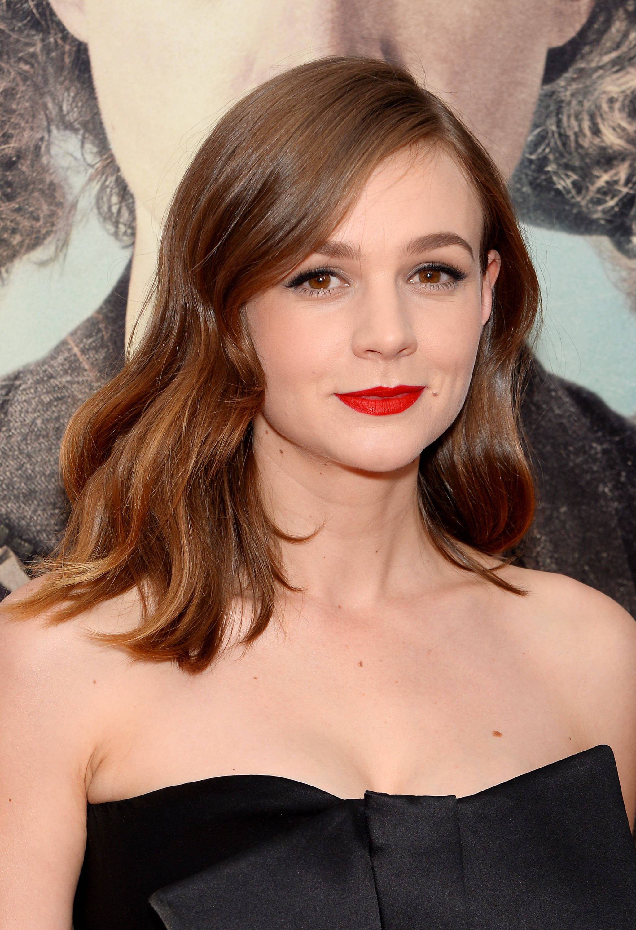 Carey Mulligan, black strapless dress, red carpet event, 2K Phone Wallpaper